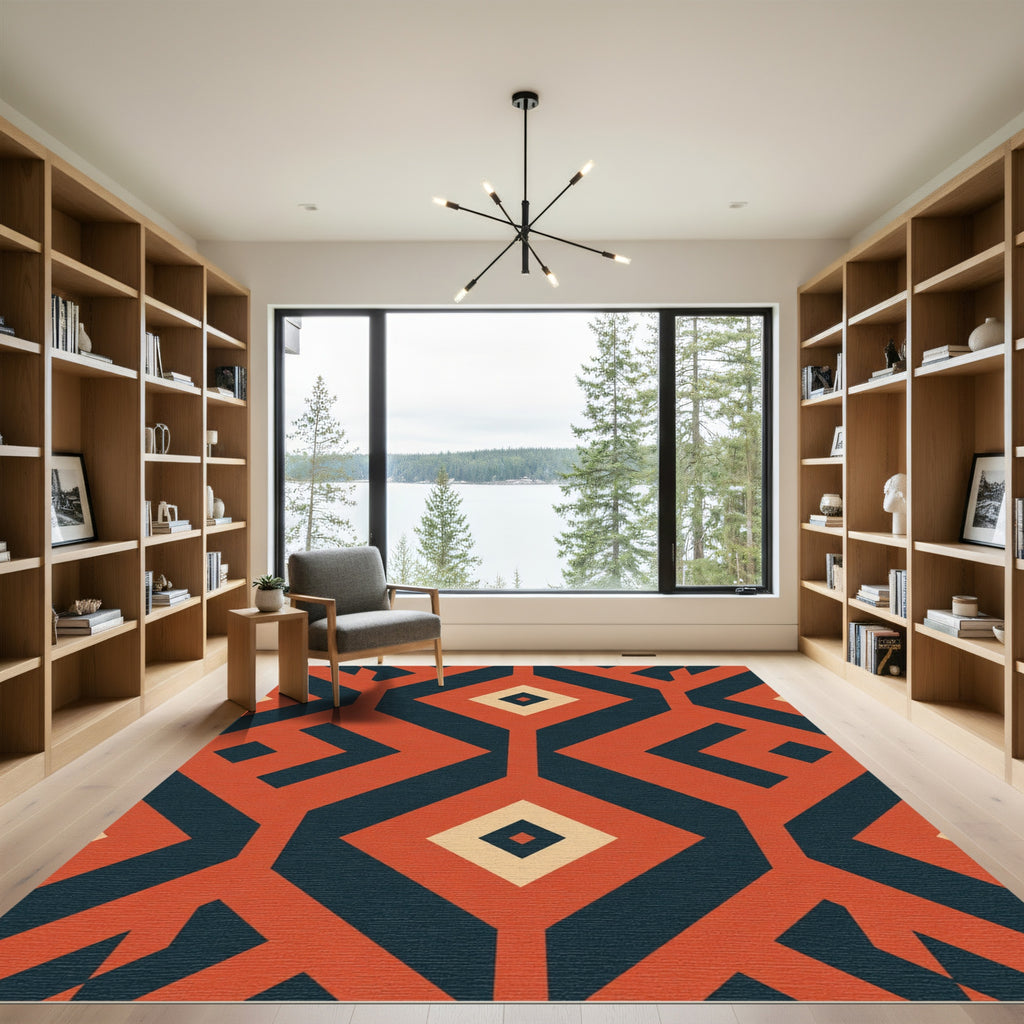 Geometric Amber Teal Diamond Pattern Rug