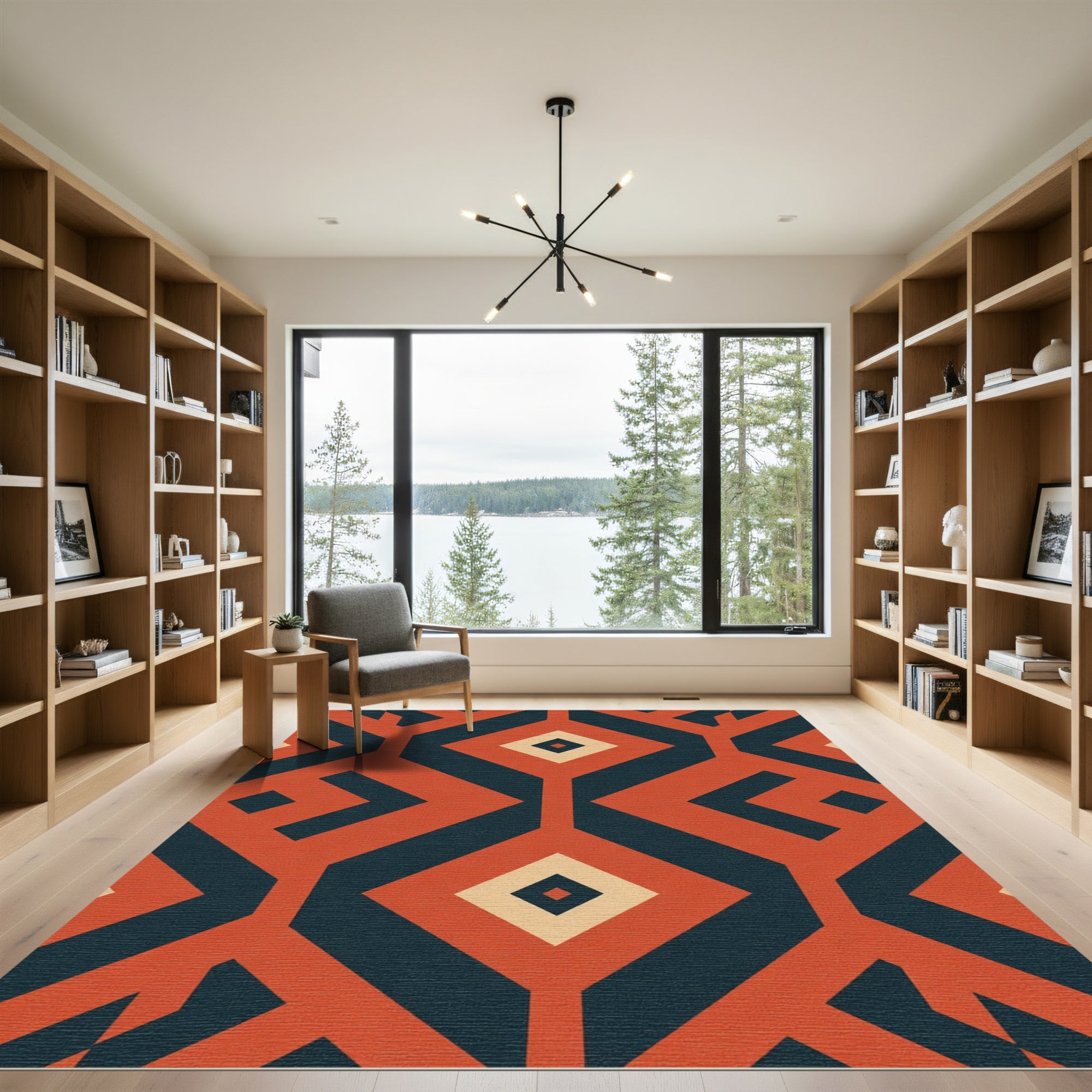 Geometric Amber Teal Diamond Pattern Rug