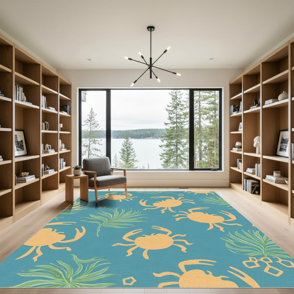Coastal Orange Crab Teal Landscape Rug