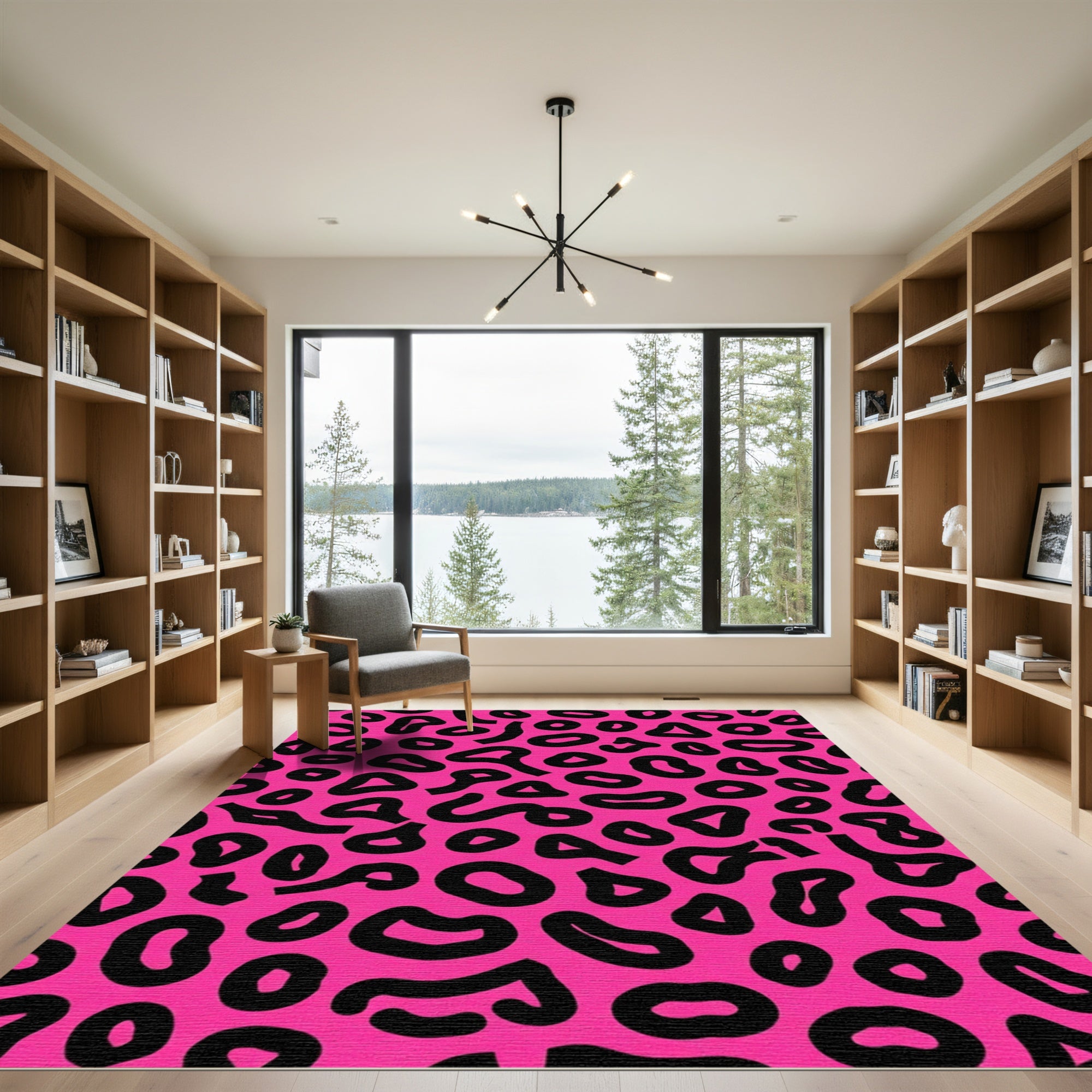 Hot Pink Black Abstract Spots Rug