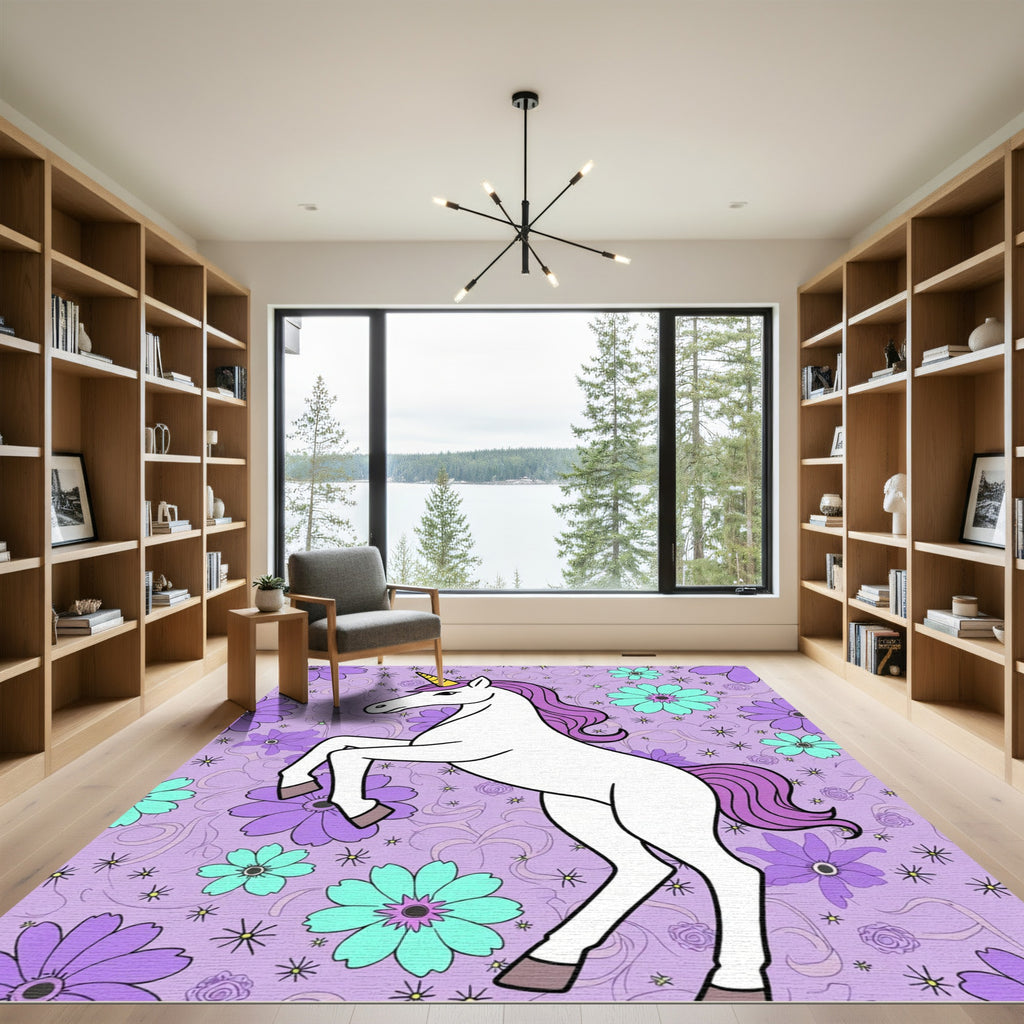 Whimsical Purple Unicorn Floral Meadow Rug
