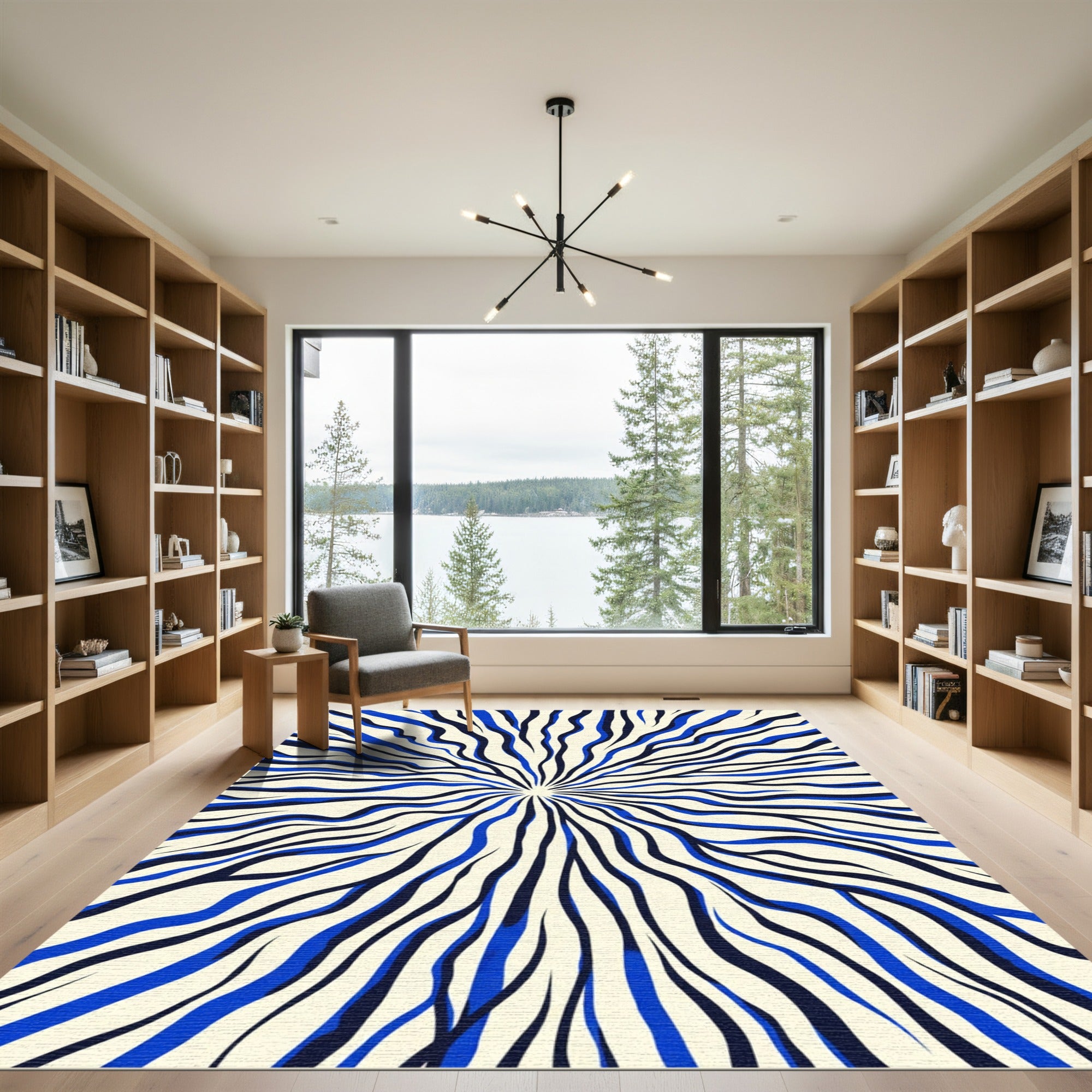 Radiating Electric Blue Zebra Lines Rug
