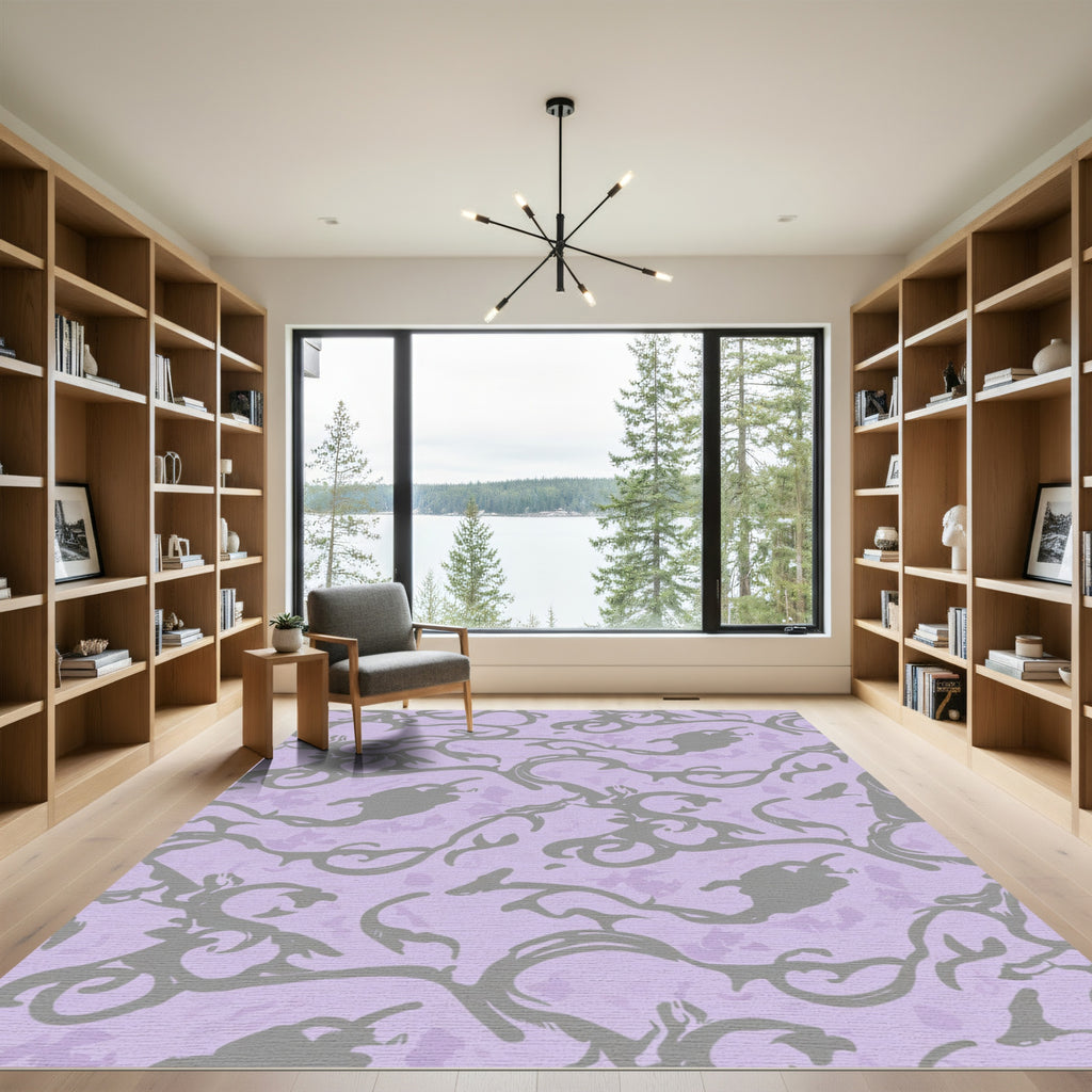 Lilac Grey Floral Scroll Swirl Rug