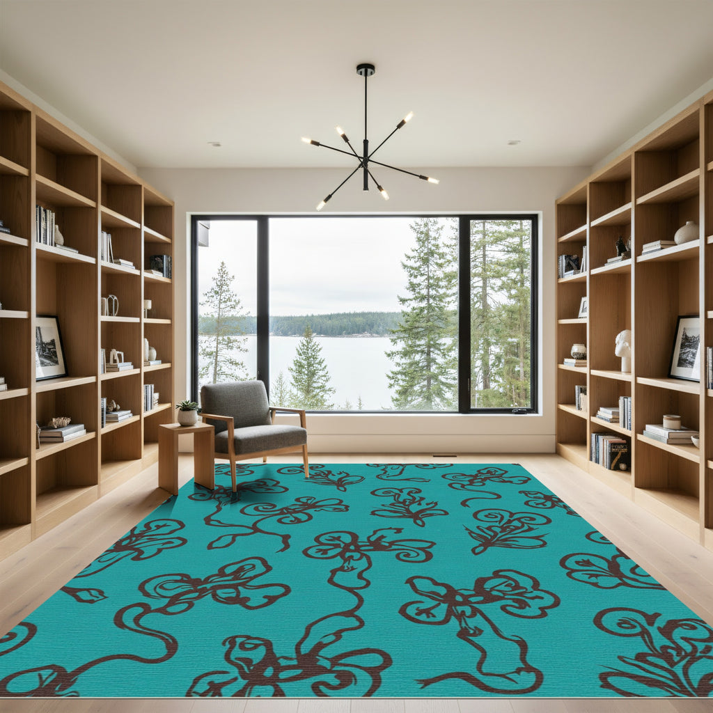 Teal Brown Stylized Floral Vine Rug