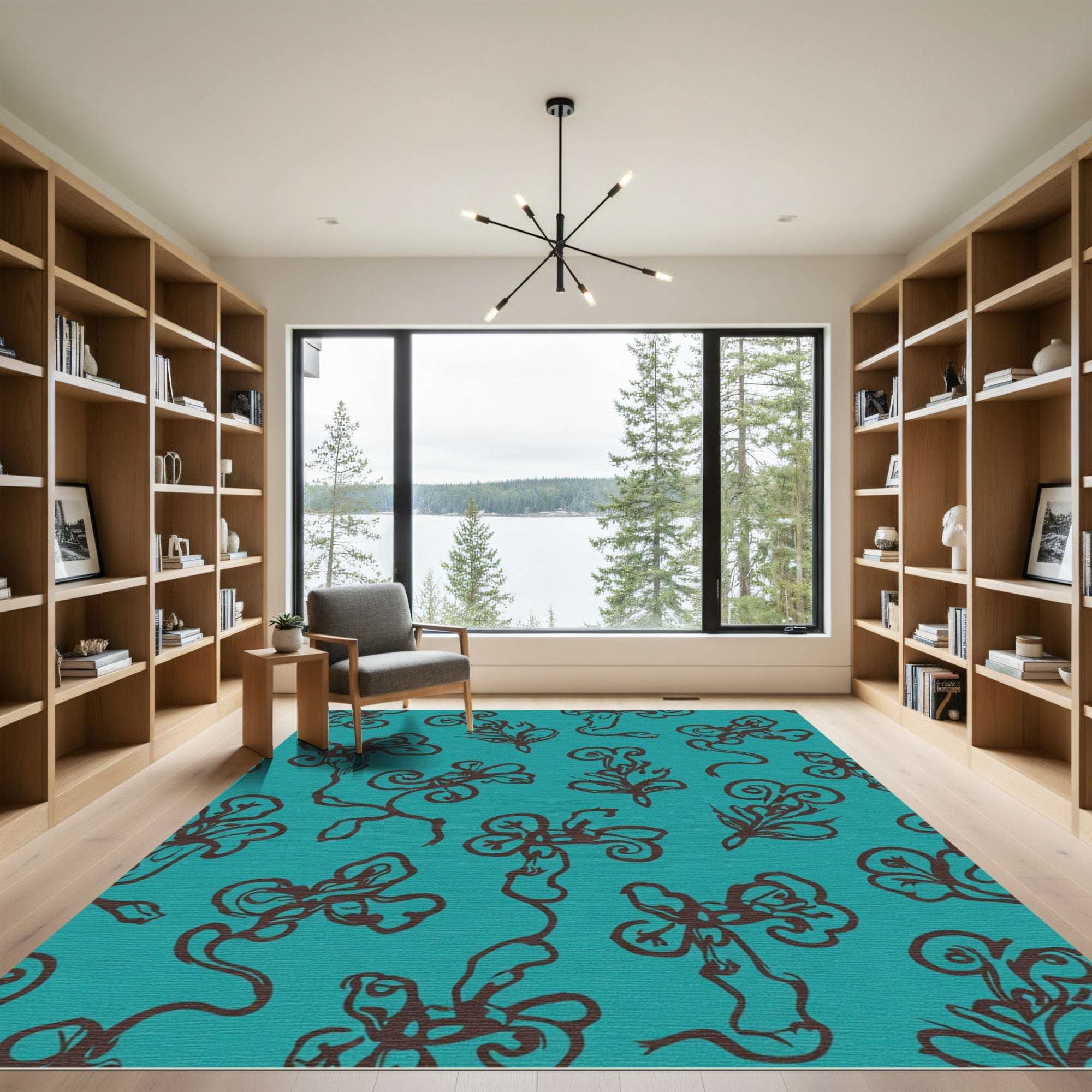 Teal Brown Stylized Floral Vine Rug
