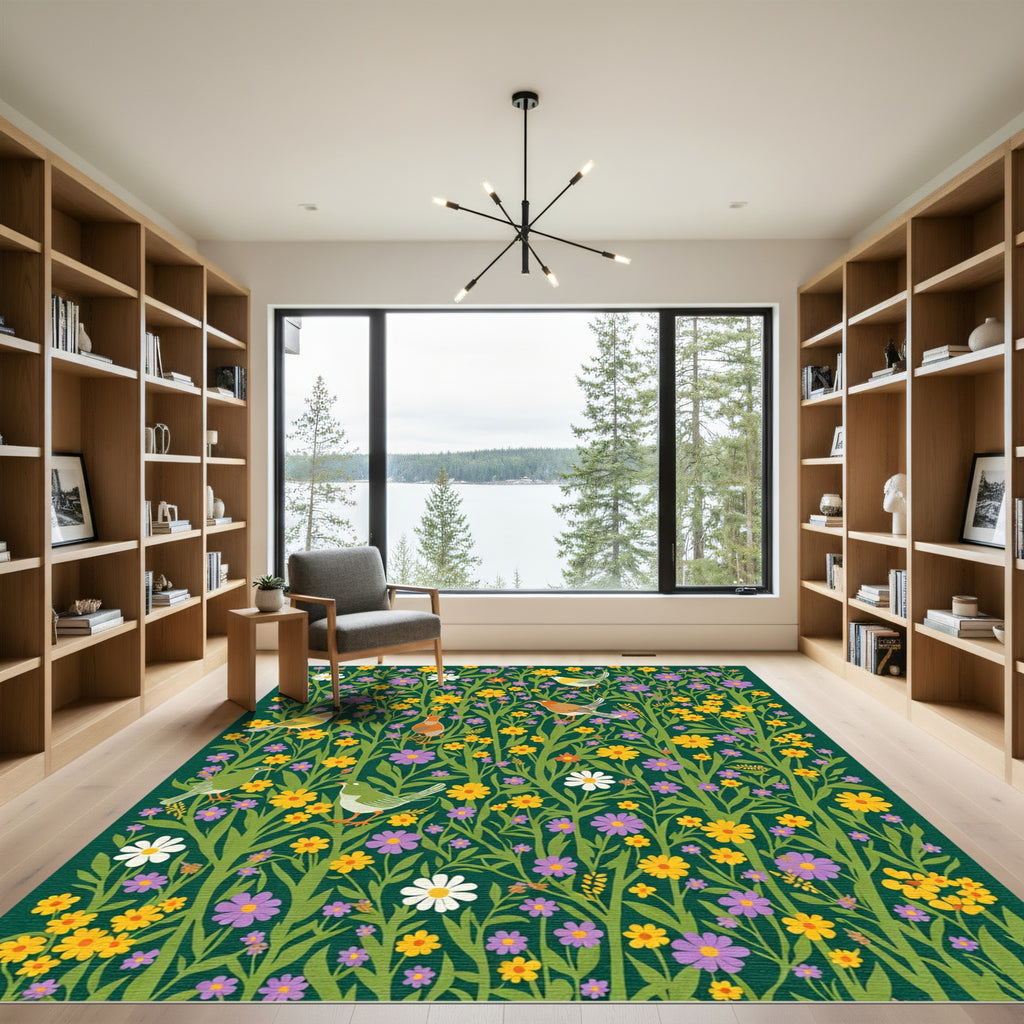 Whimsical Birds and Wildflowers Garden Rug