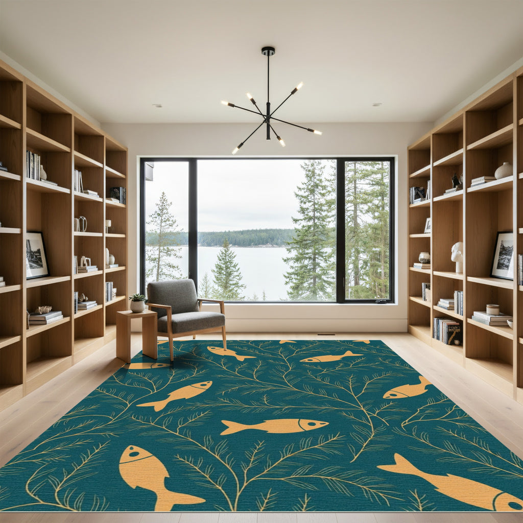 Golden Fish Aquatic Branch Pattern Rug