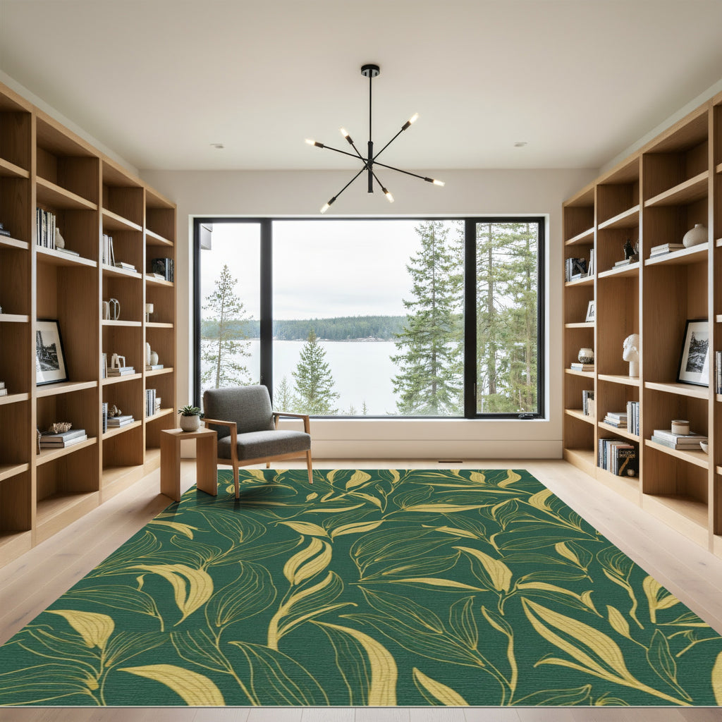 Deep Green Golden Leafy Vines Rug