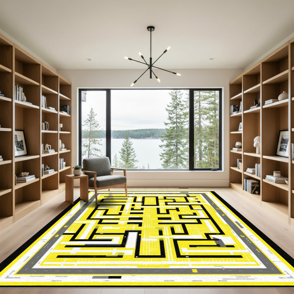 Geometric Yellow Maze Layout Rug
