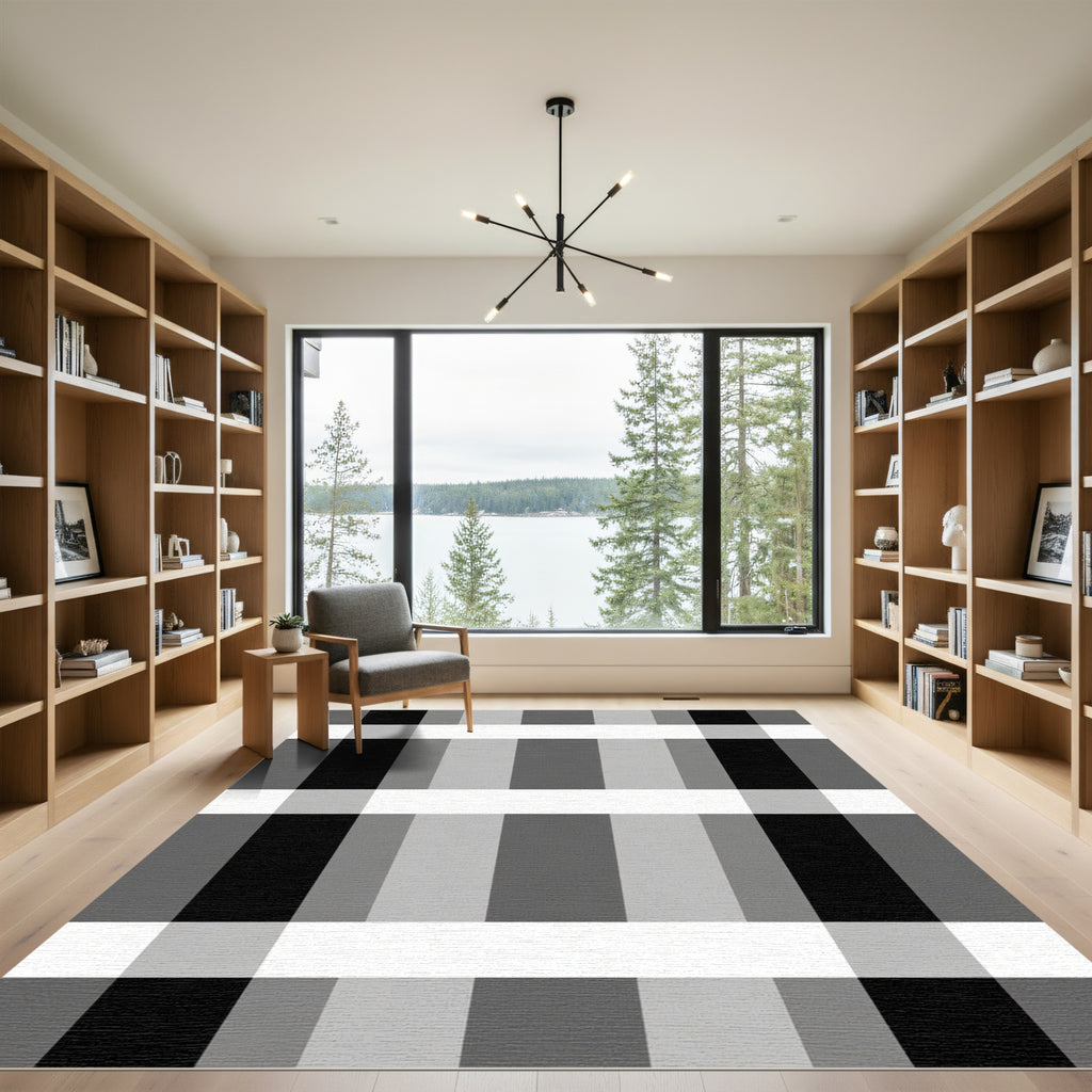 Classic Black Gray White Plaid Rug
