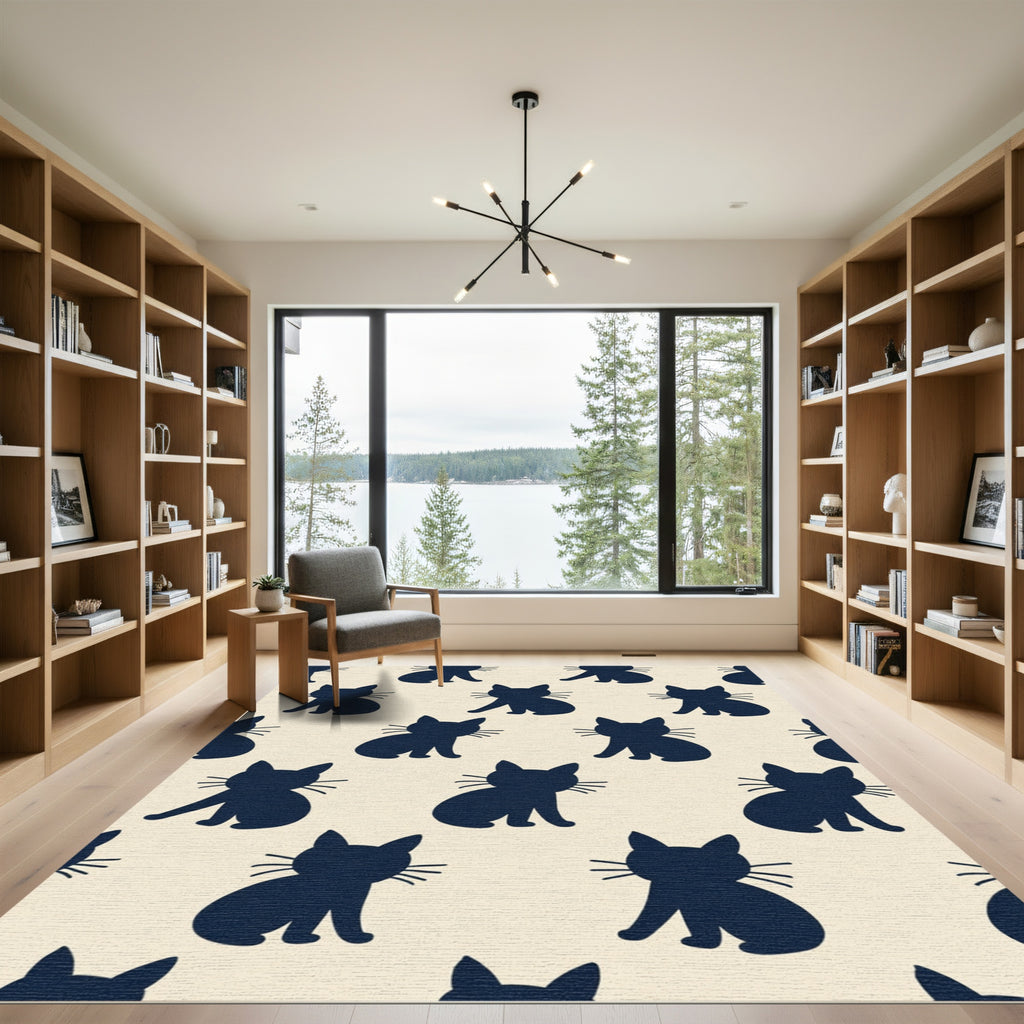 Navy Sitting Cats Repeating Motif Rug