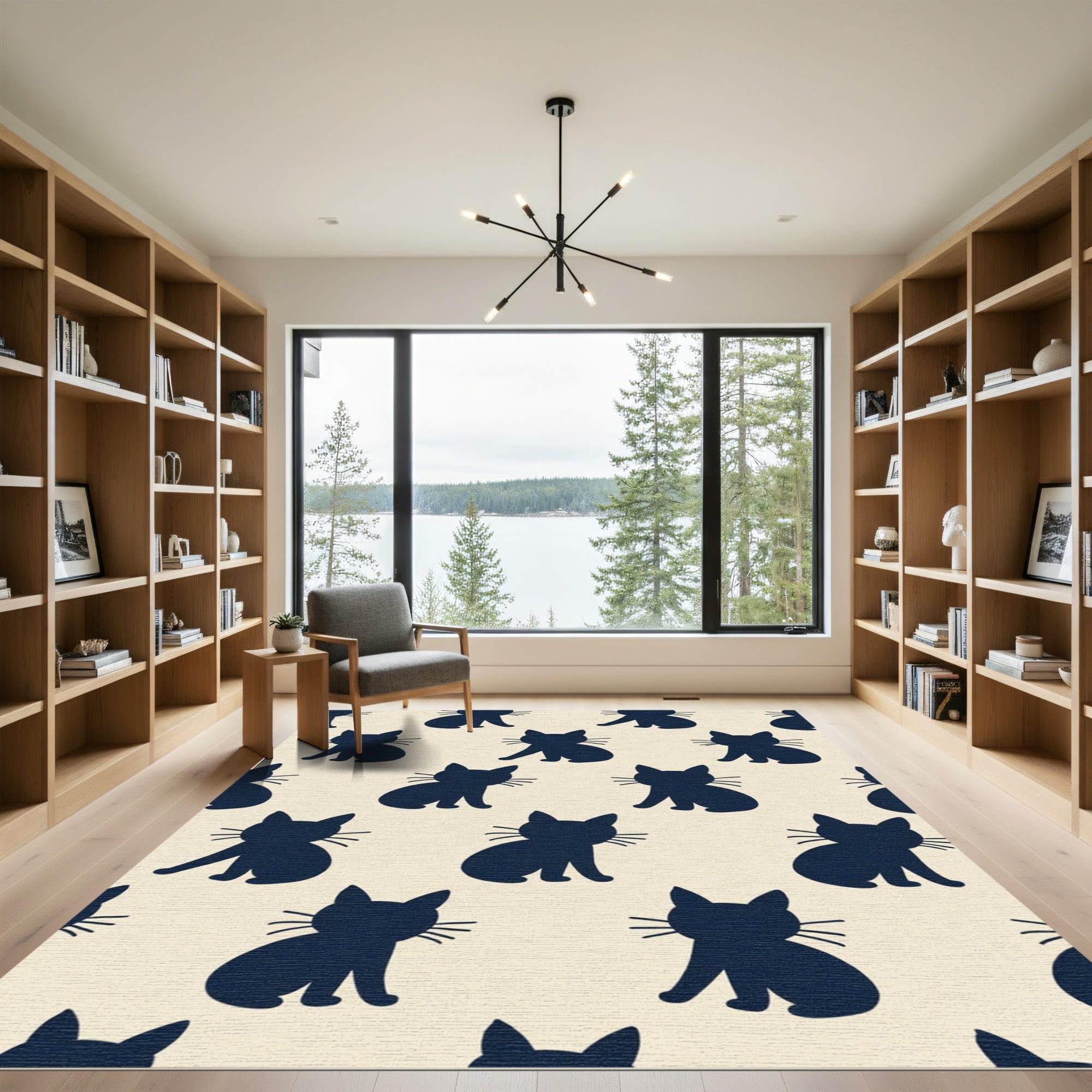 Navy Sitting Cats Repeating Motif Rug