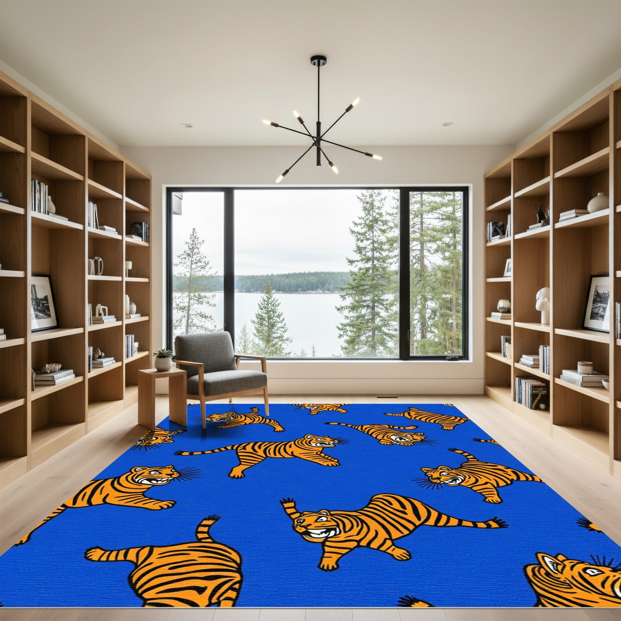 Vibrant Orange Tiger Scatter Blue Background Rug