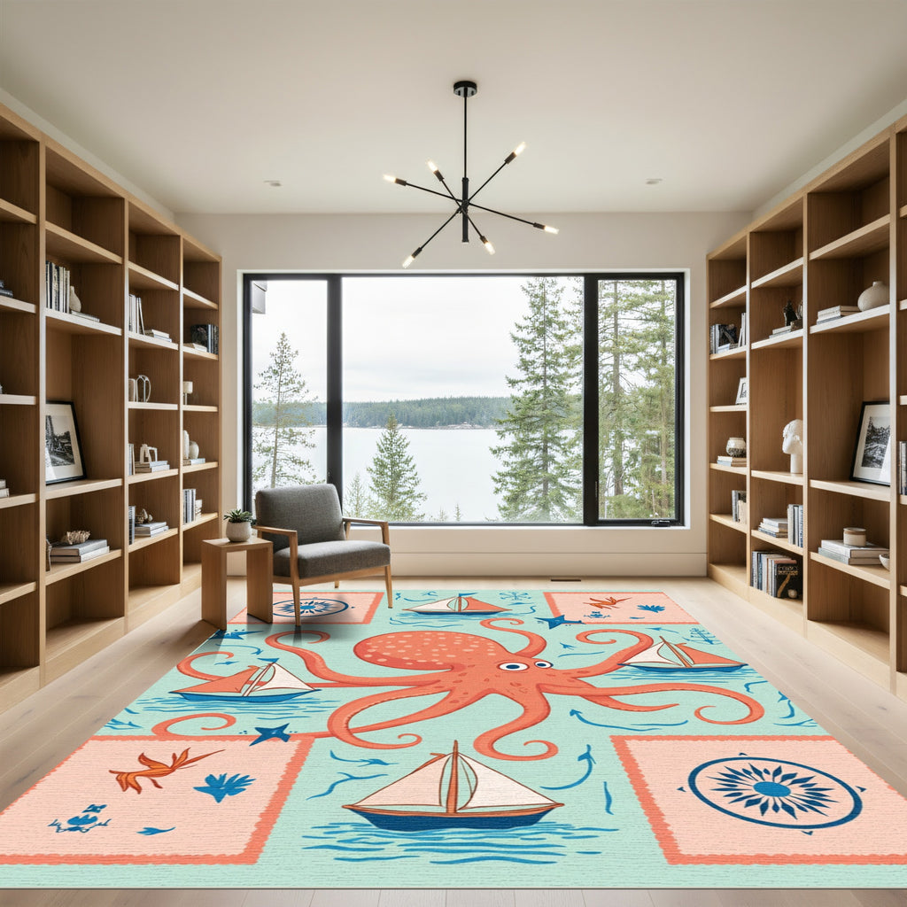 Coral Octopus Sailboat Compass Sea Rug