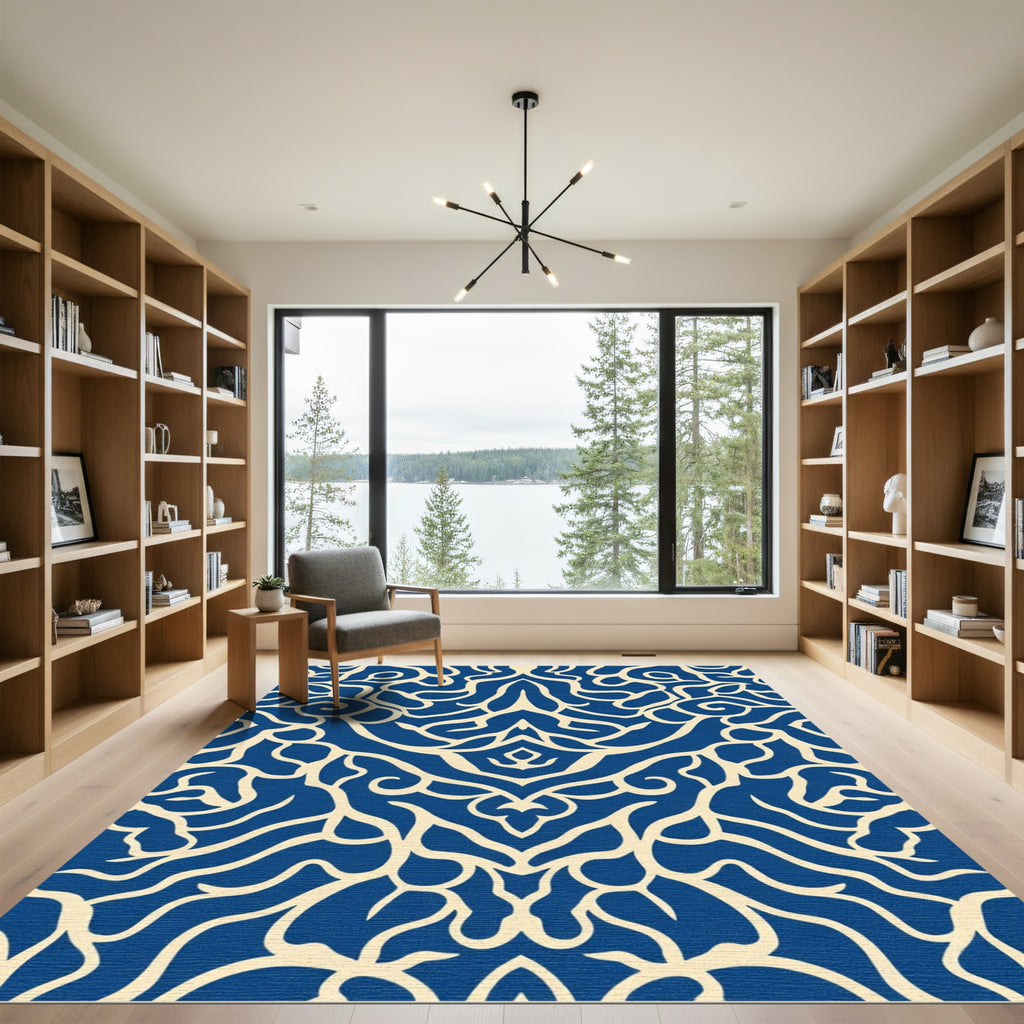 Deep Blue Cream Lyrical Swirls Rug