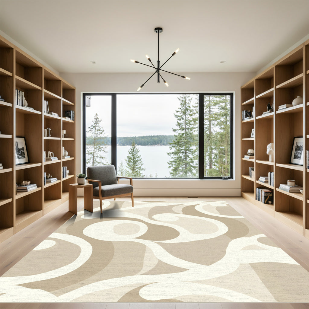 Cream Swirl Abstract Organic Form Rug