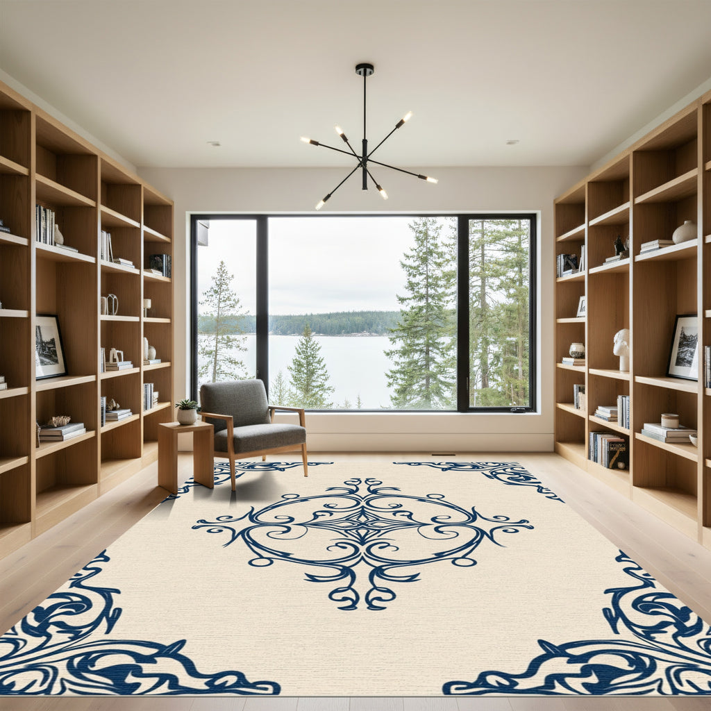 Navy Blue Ornamental Scrollwork Rug