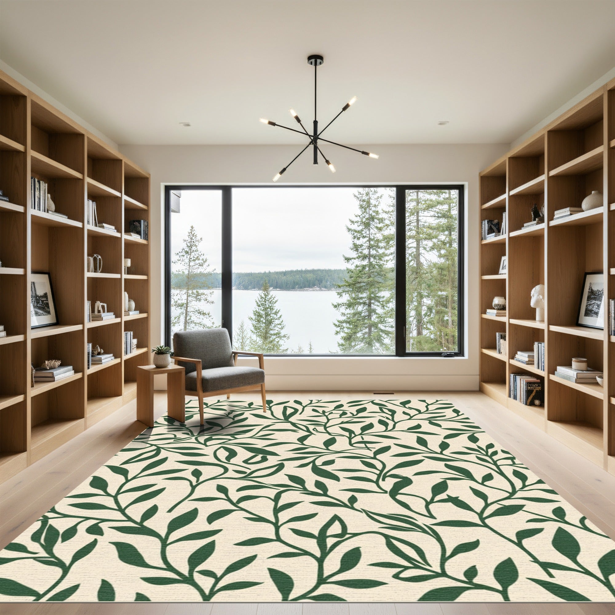 Olive Green Botanical Leaf Flow Rug
