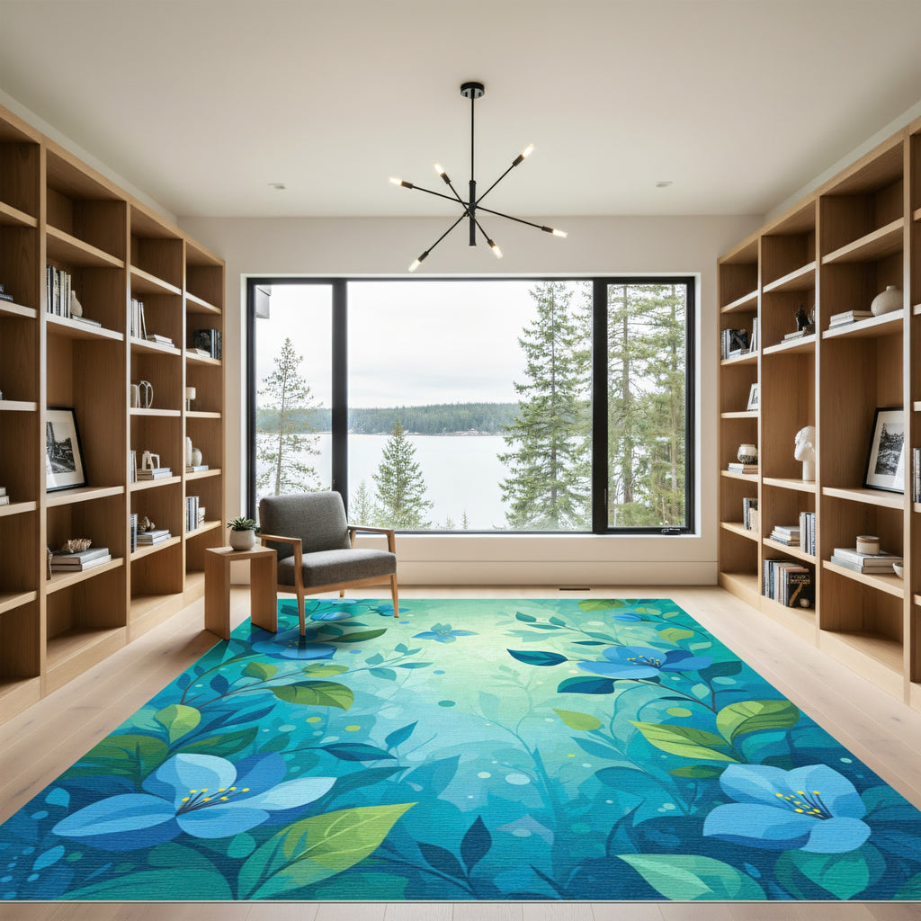 Blue Serene Floral Nature Garden Rug