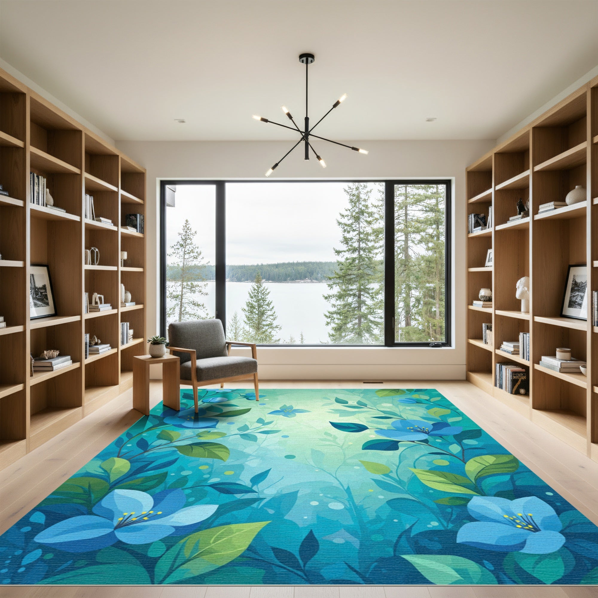 Blue Serene Floral Nature Garden Rug