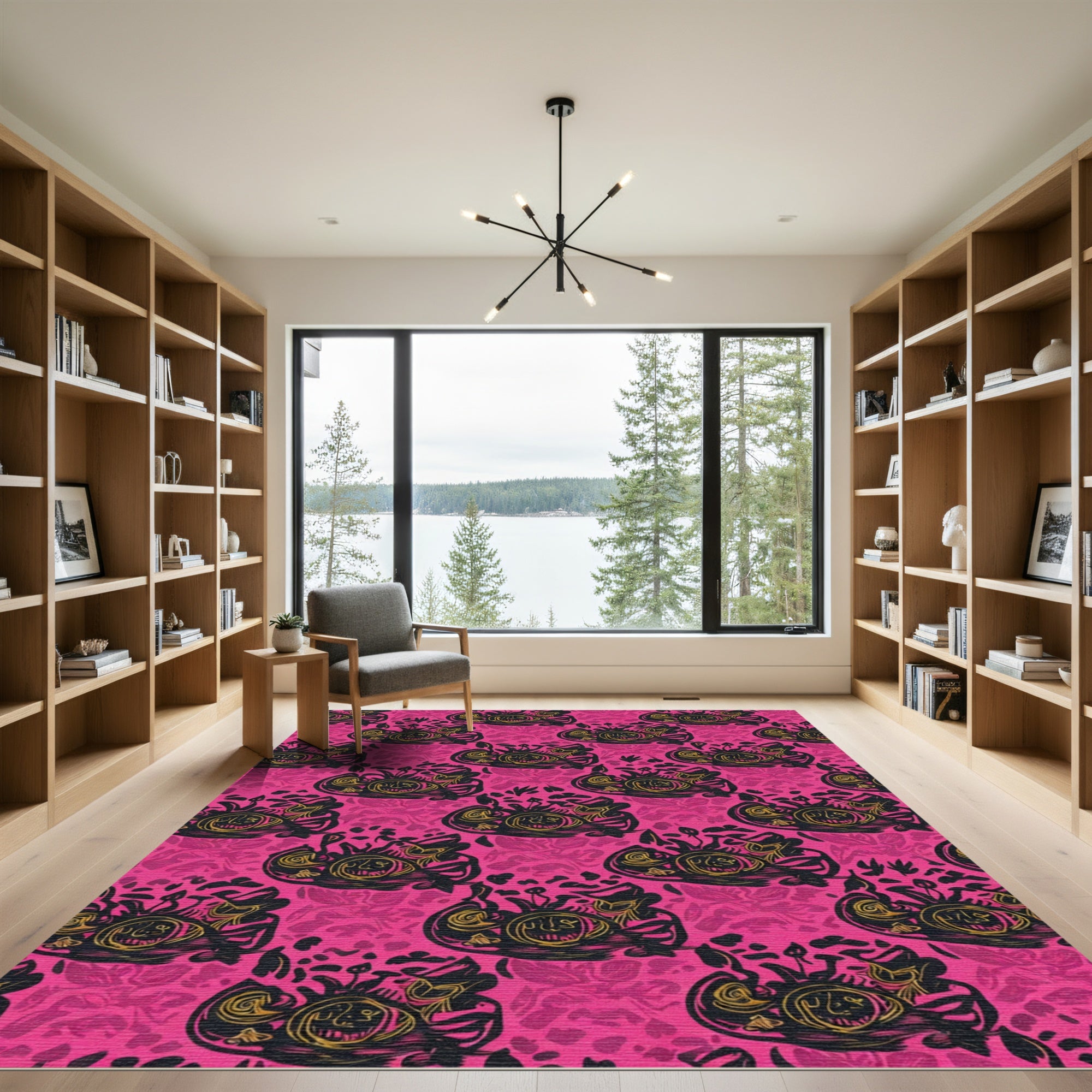 Hot Pink Black Gold Floral Swirl Rug