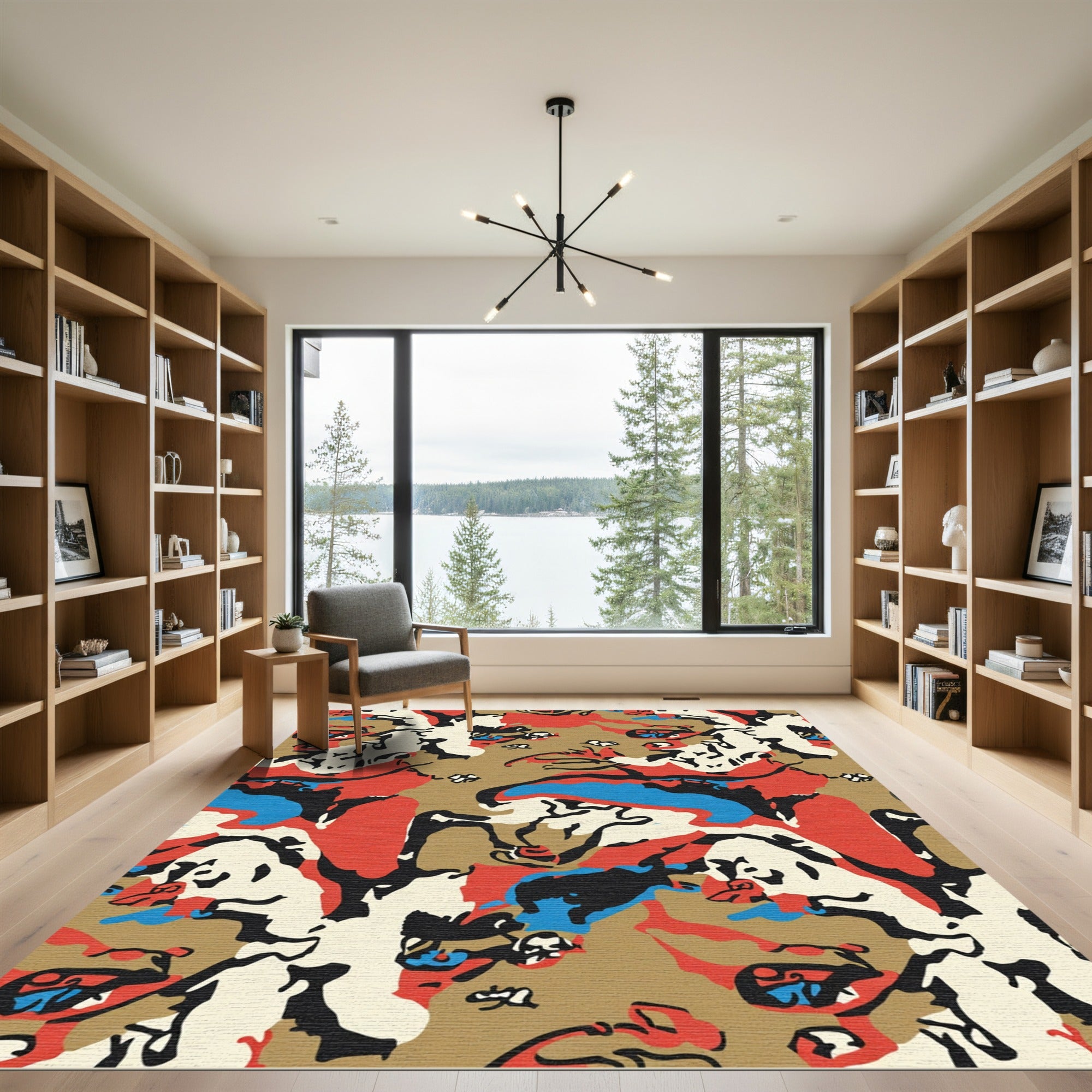 Red Blue Tan Abstract Camouflage Rug