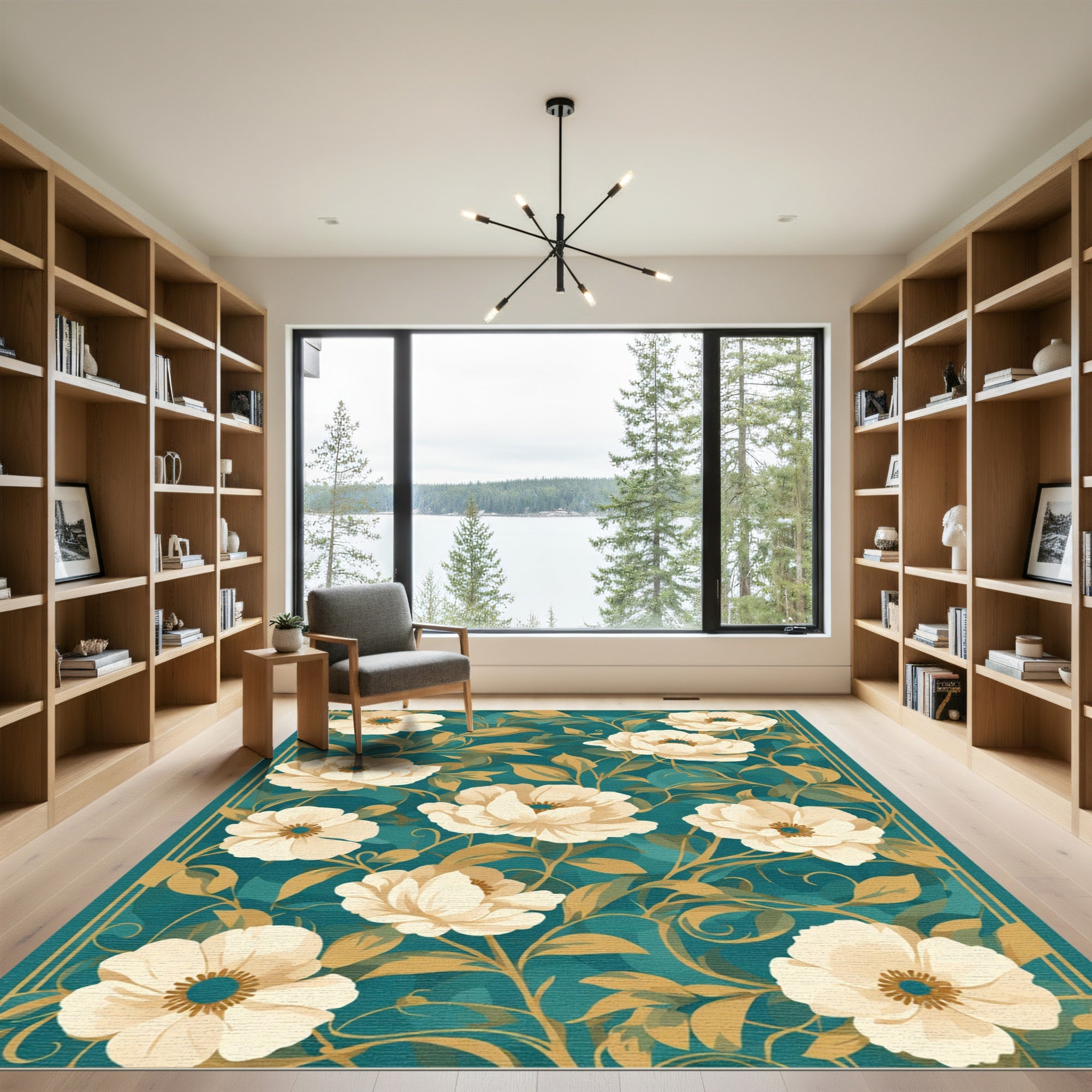 Teal Cream Floral Garden Rug