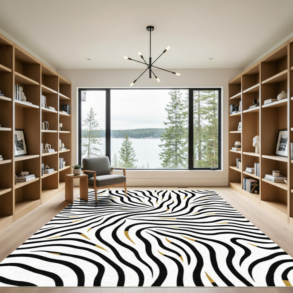 Black Gold Swirl Zebra Lines Rug