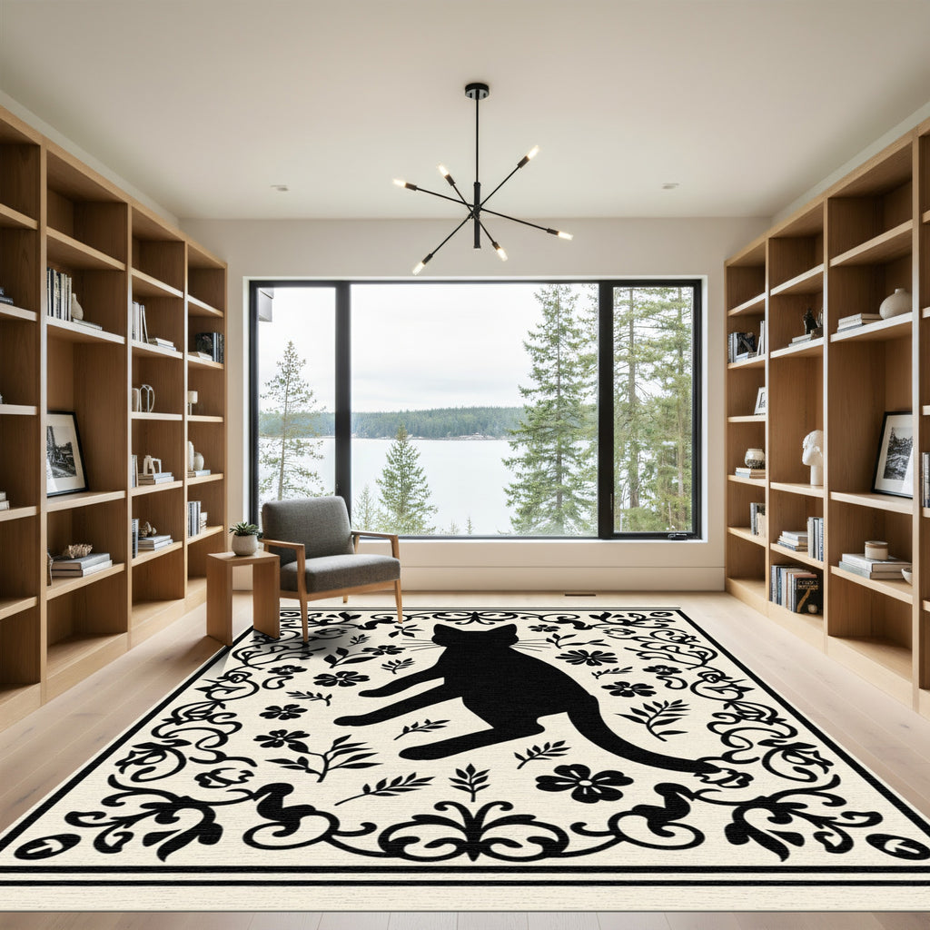 Black Cat Floral Vine Border Design Rug