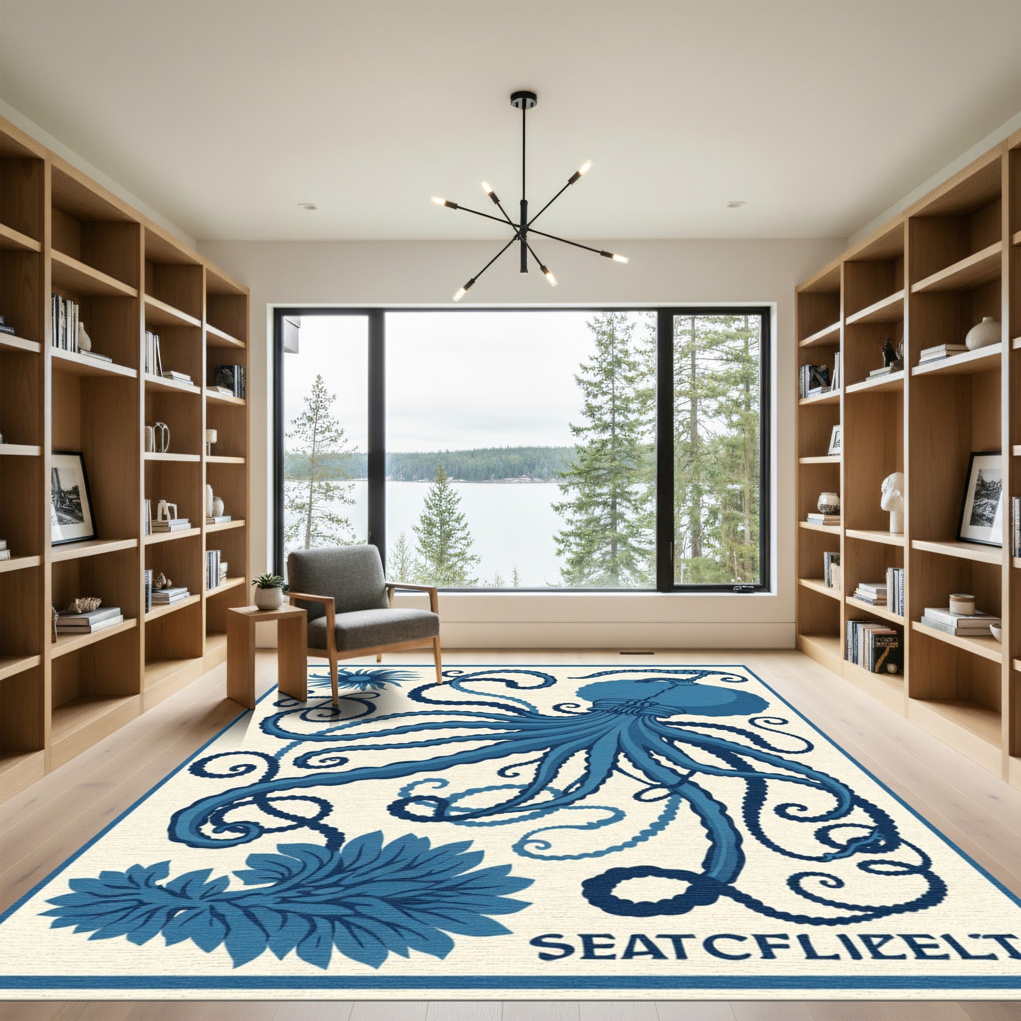 Classic Blue Octopus Whimsical Swirl Rug