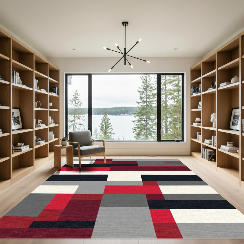 Bold Red Black Geometric Block Rug