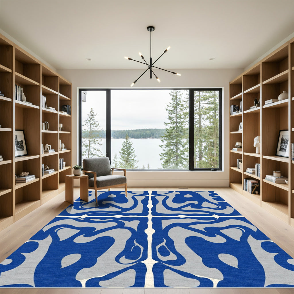Bold Blue Cream Abstract Interlocking Form Rug