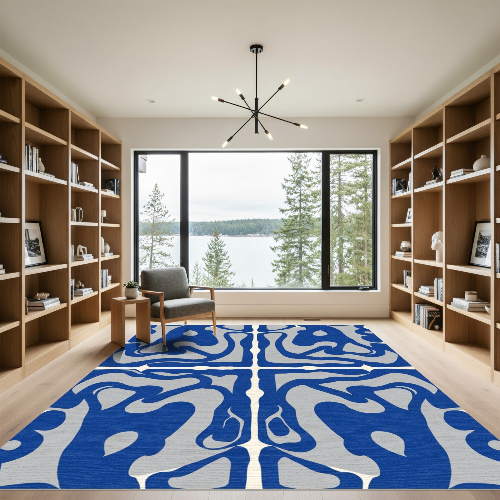 Bold Blue Cream Abstract Interlocking Form Rug