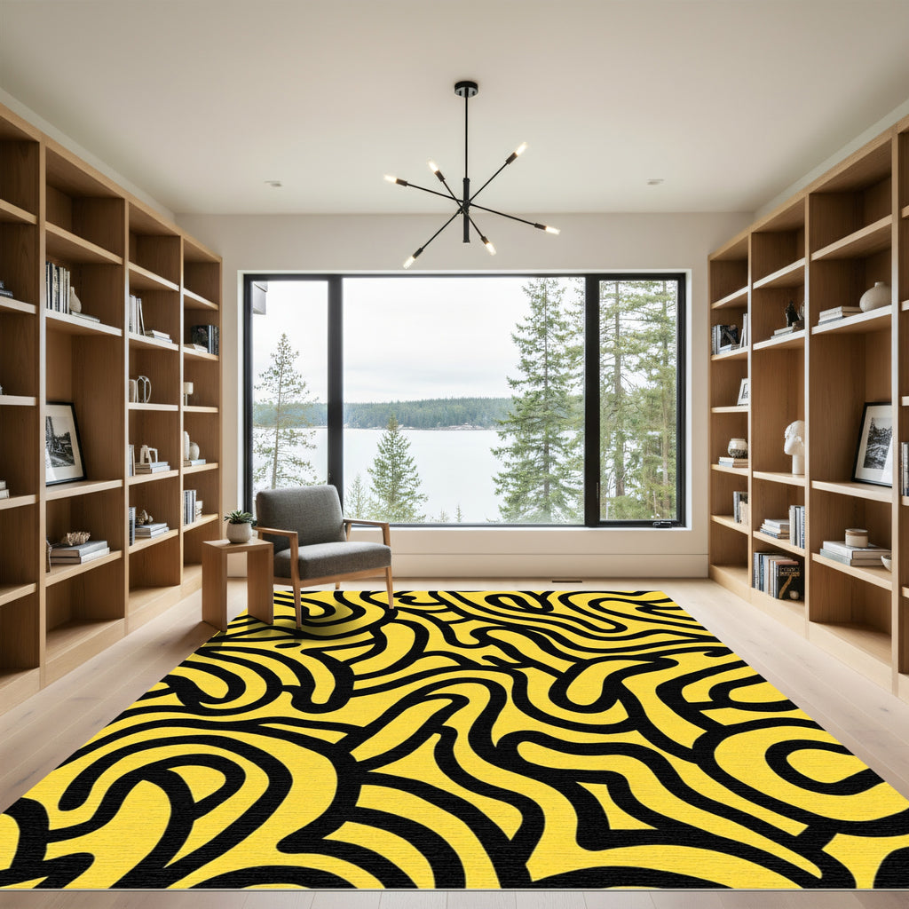 Bold Yellow Black Abstract Swirls Rug