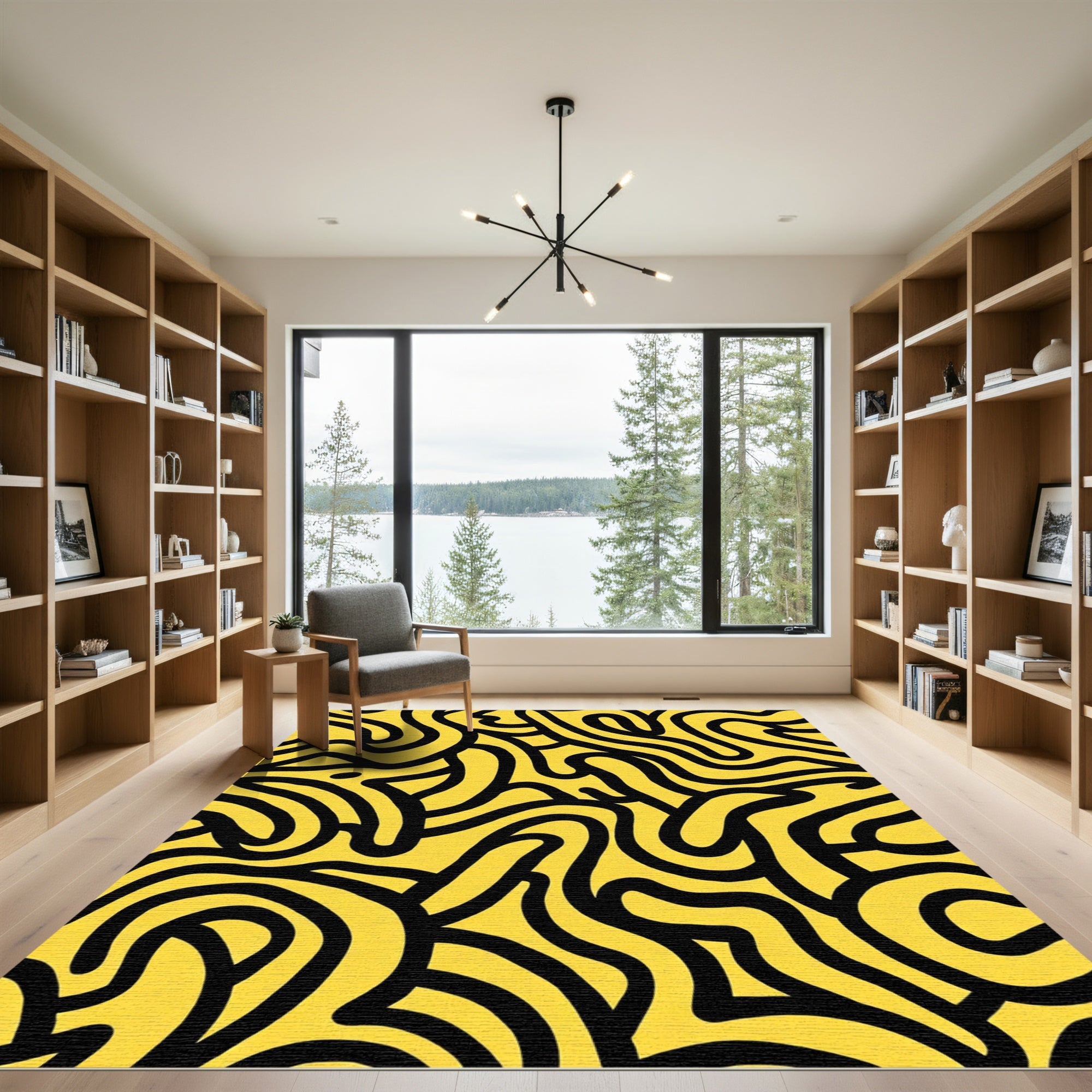 Bold Yellow Black Abstract Swirls Rug