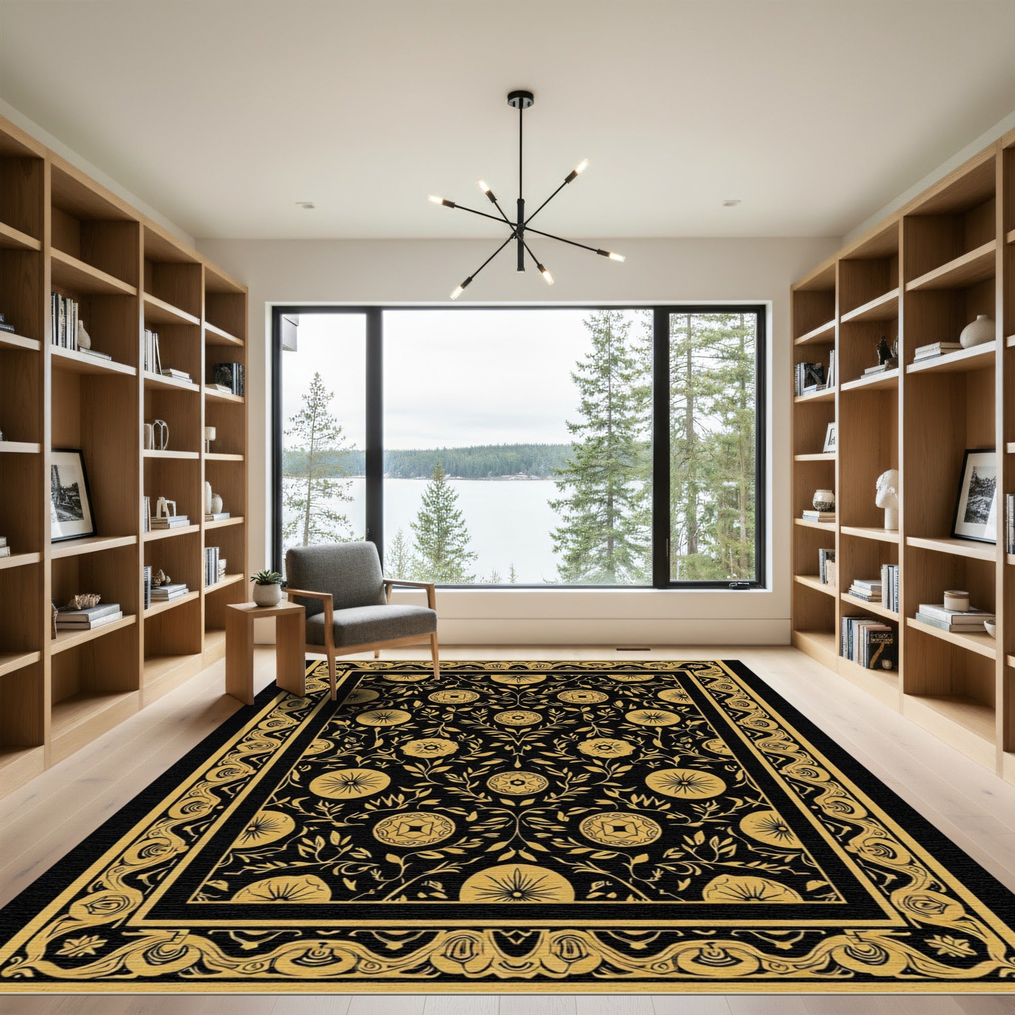 Black Gold Vintage Floral Border Rug