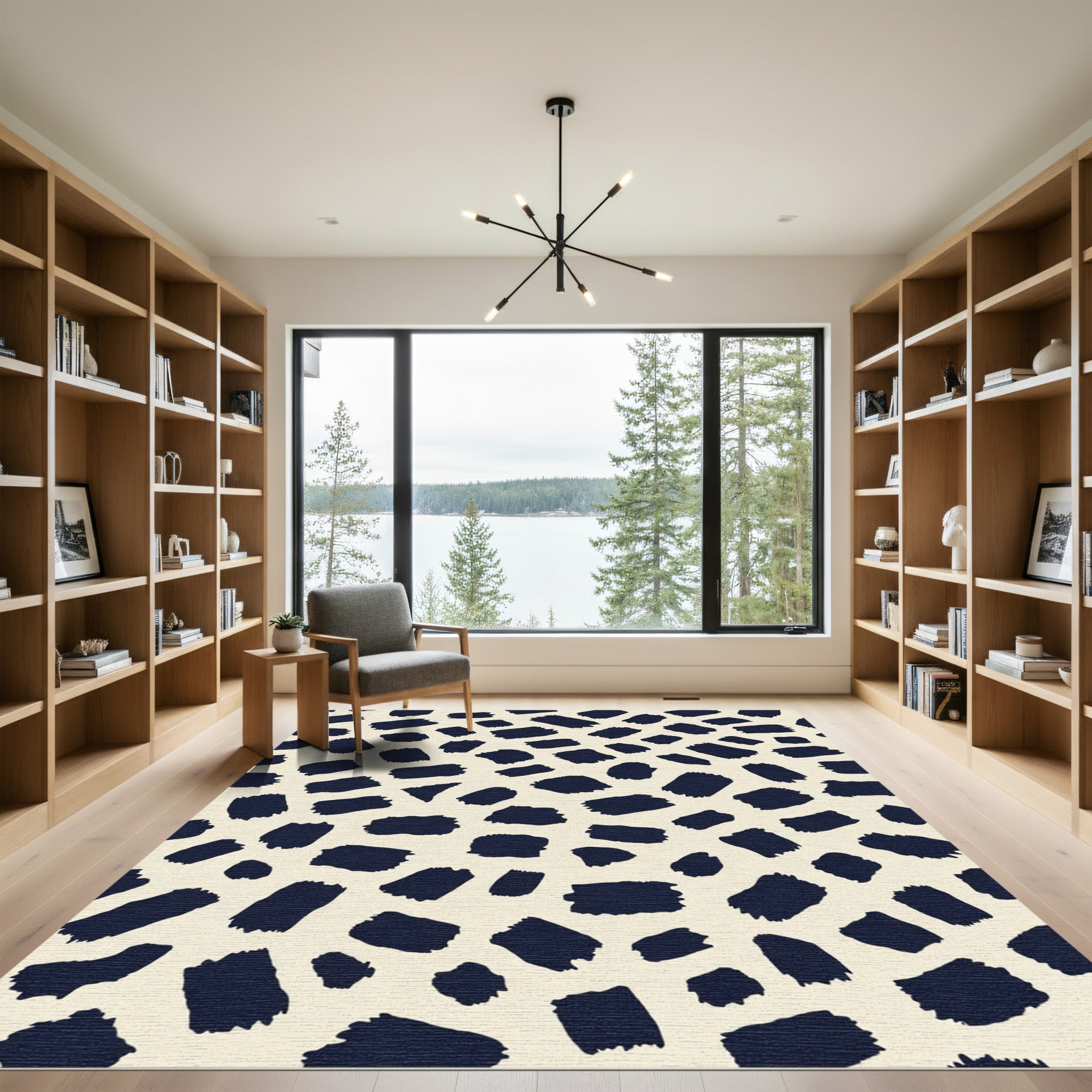 Navy Brushed Strokes Cream Rug