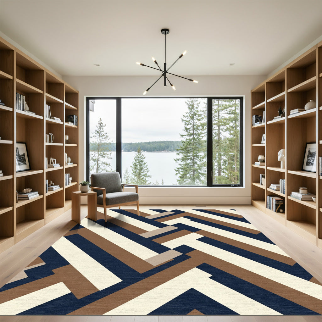 Brown Navy Cream Interlocking Geometric Rug