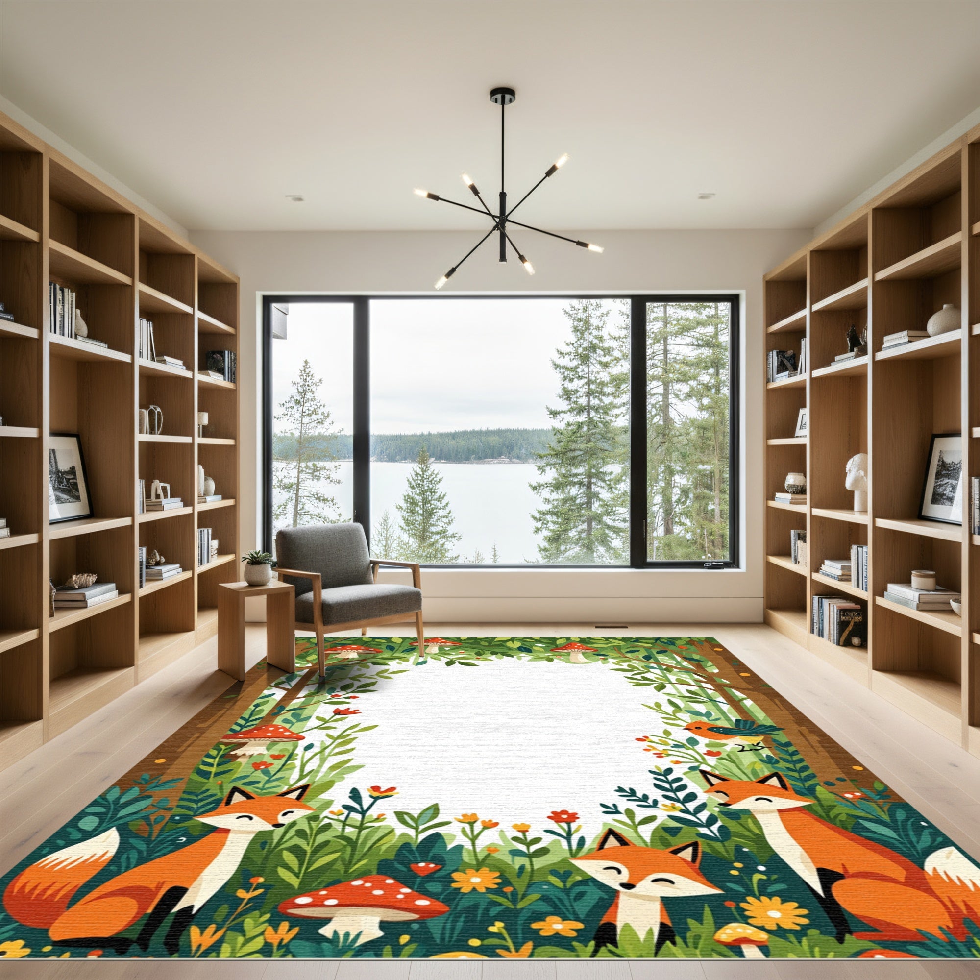 Whimsical Woodland Foxes Mushroom Border Rug