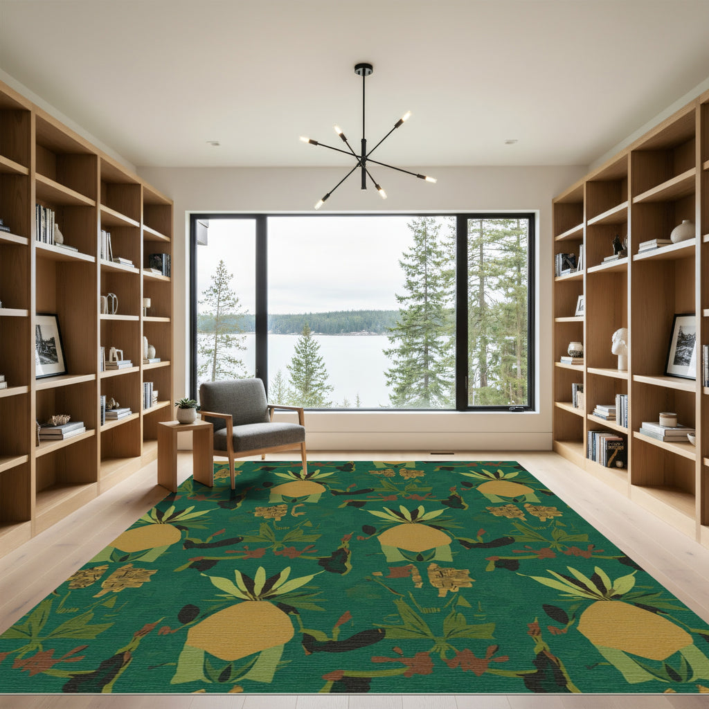 Deep Green Tropical Floral Arrangement Rug