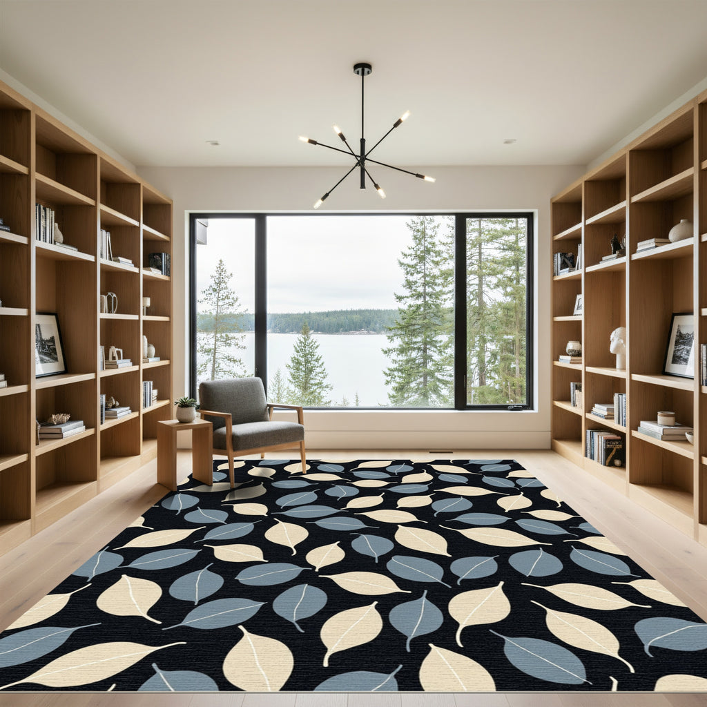 Cream Blue Leaf Repeating Pattern Rug