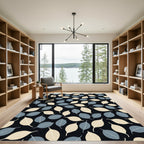 Cream Blue Leaf Repeating Pattern Rug
