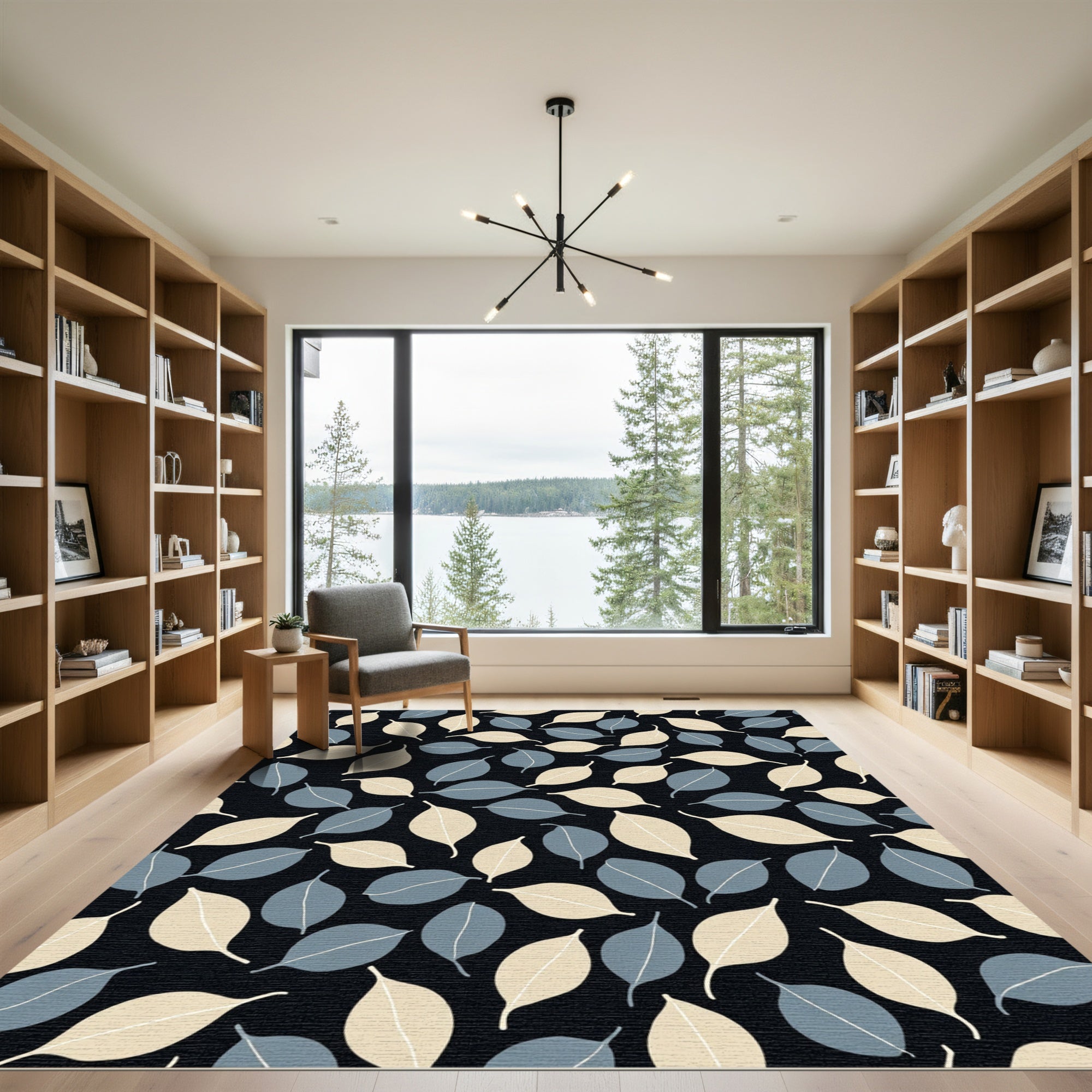 Cream Blue Leaf Repeating Pattern Rug