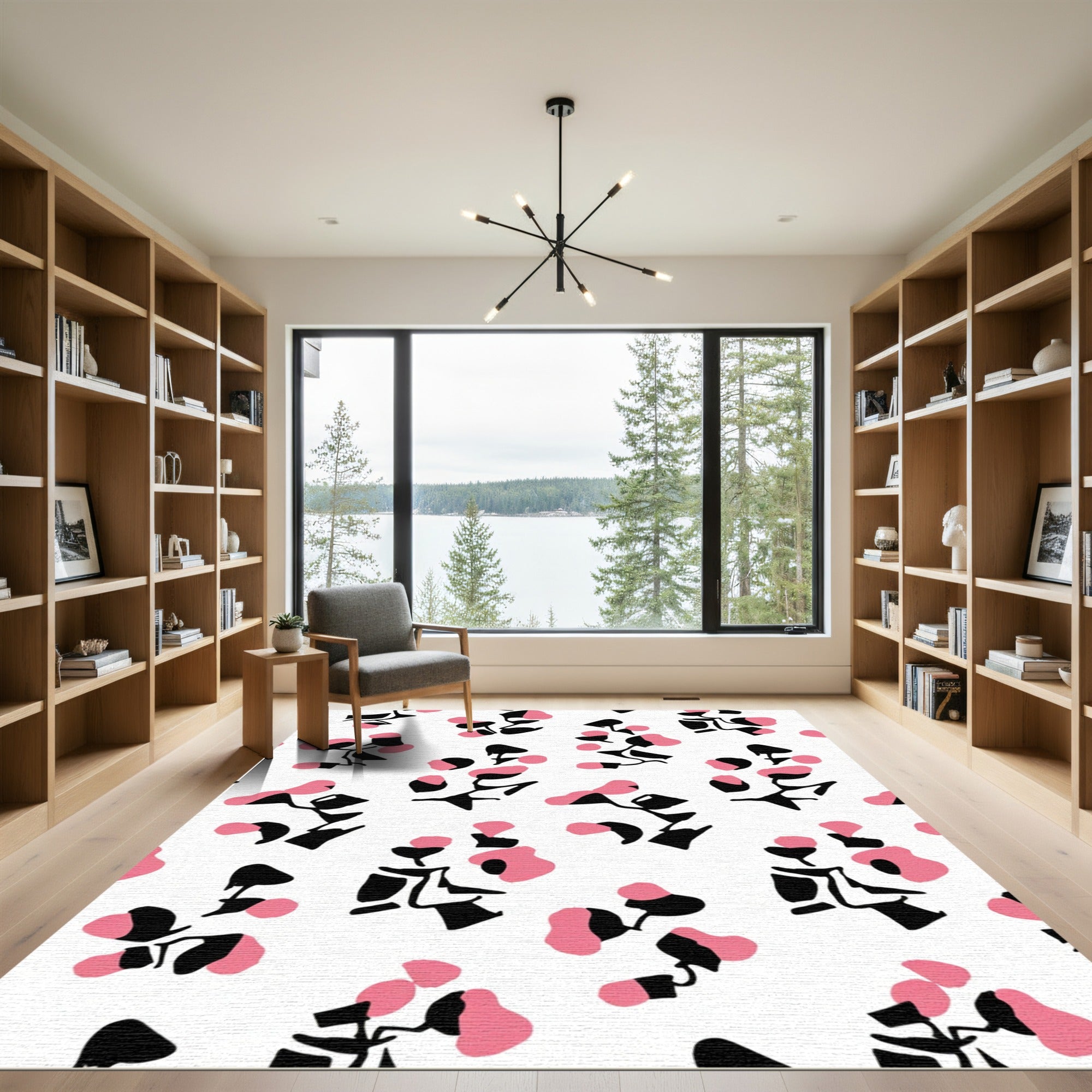 Pink Black Abstract Floral Sprig Rug