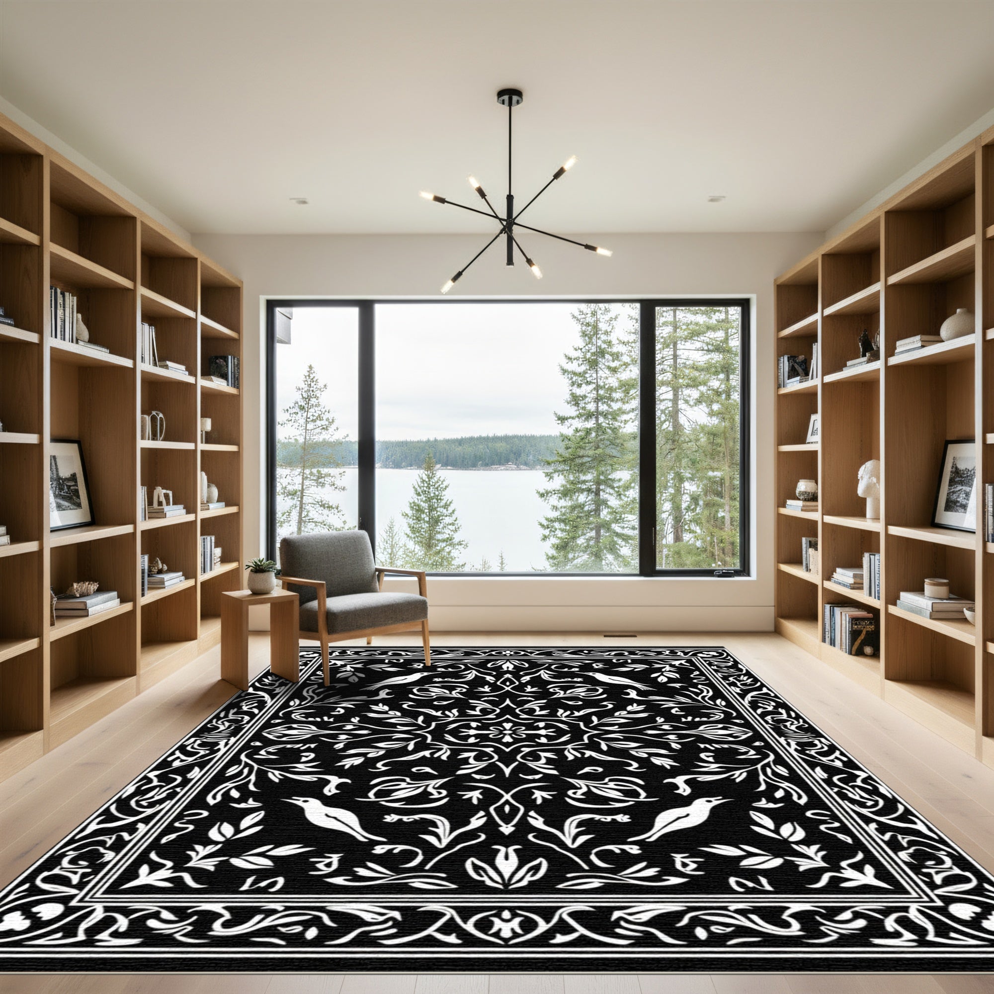 Black White Bird Floral Garden Rug