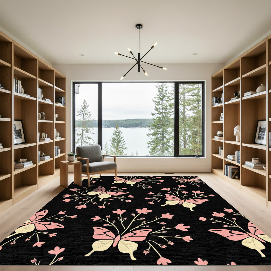 Whimsical Pink Butterfly Garden Black Rug