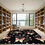 Whimsical Pink Butterfly Garden Black Rug