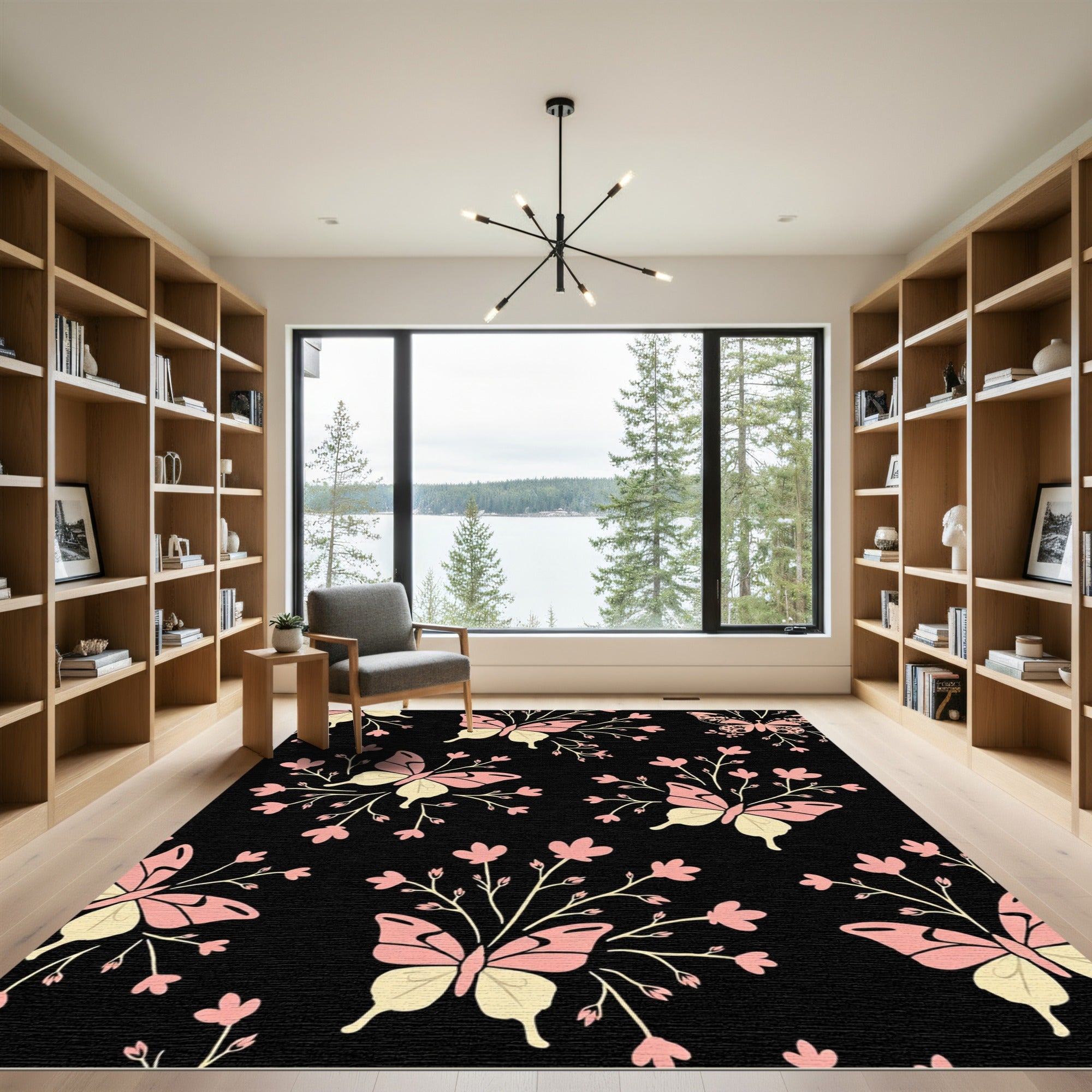Whimsical Pink Butterfly Garden Black Rug