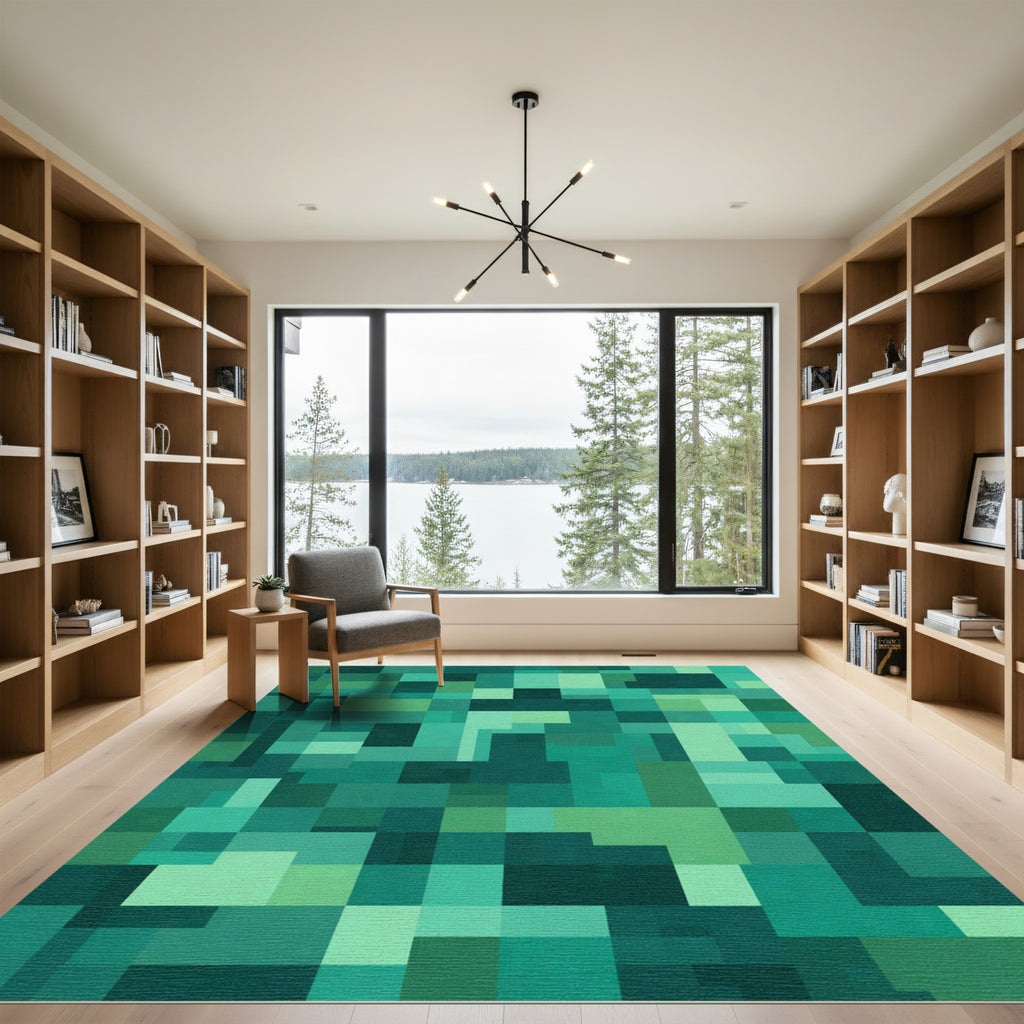 Emerald Green Abstract Geometric Blocks Rug