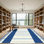 Navy Blue White Stripe Tassel Rug